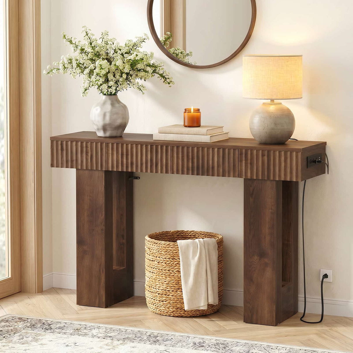 47" Console Table with 2 Drawers and Outlets W/ USB-C, Modern Fluted Entryway Table With Storage