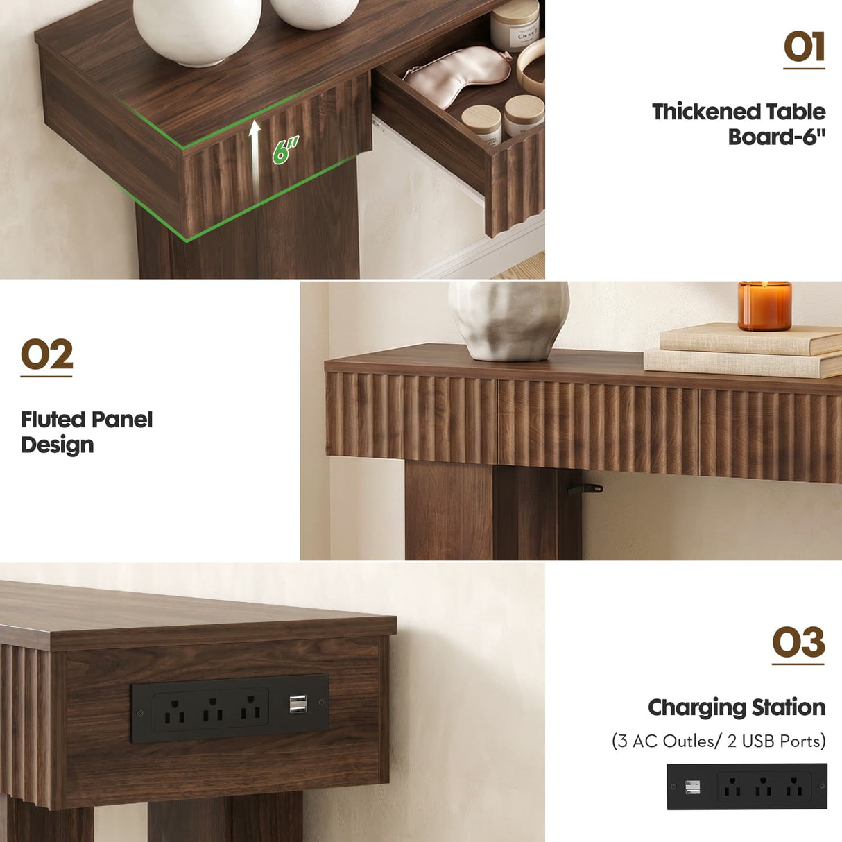 47" Console Table with 2 Drawers and Outlets W/ USB-C, Modern Fluted Entryway Table With Storage