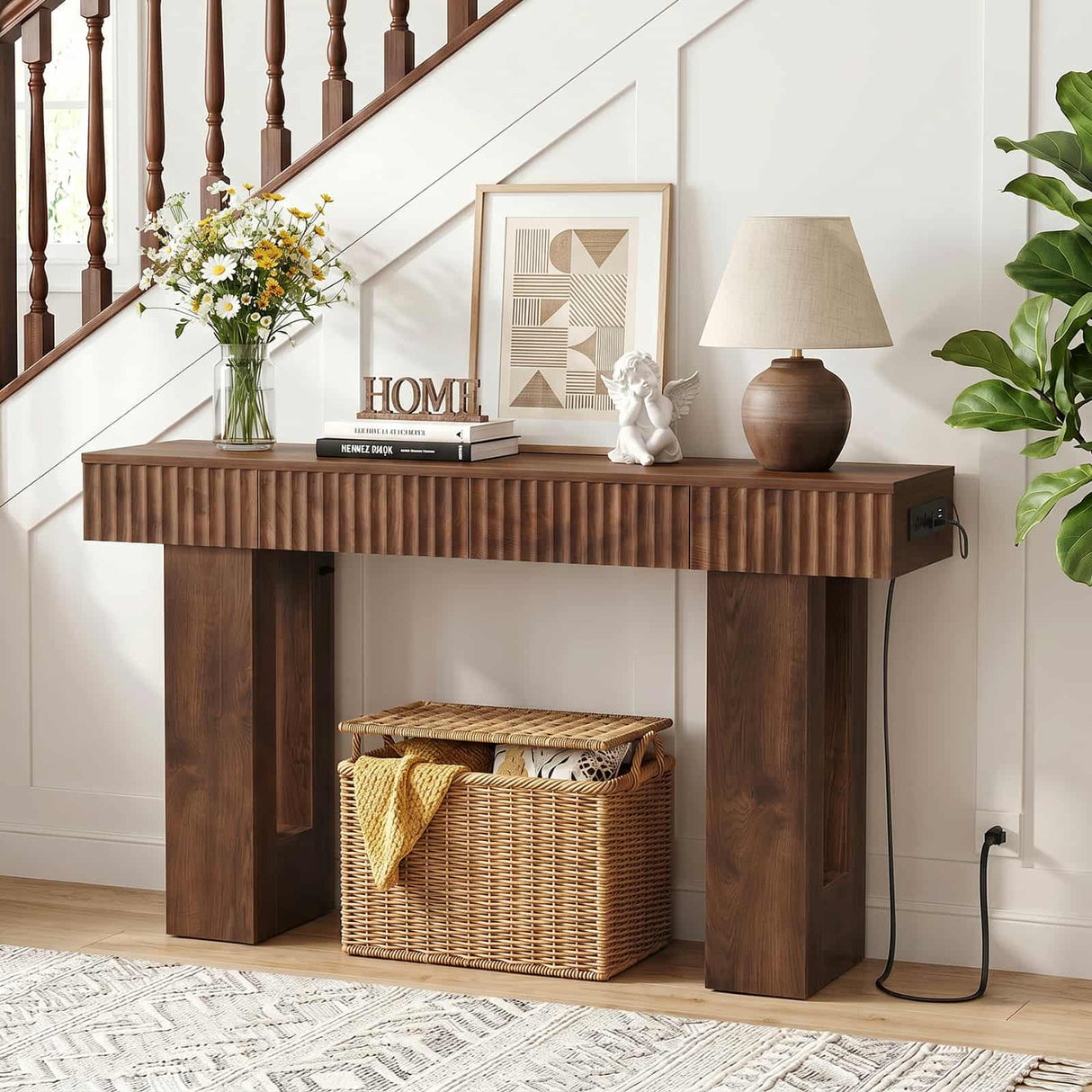 47" Console Table with 2 Drawers and Outlets W/ USB-C, Modern Fluted Entryway Table With Storage