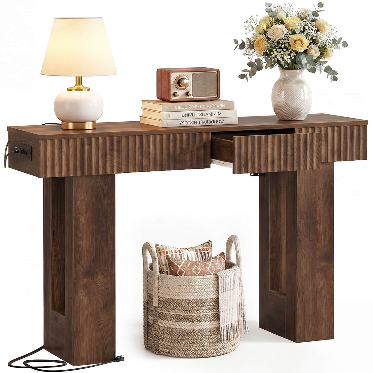 47" Console Table with 2 Drawers and Outlets W/ USB-C, Modern Fluted Entryway Table With Storage