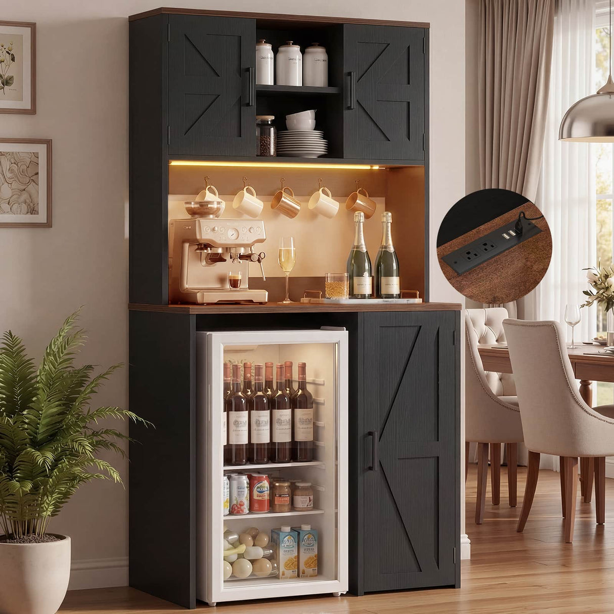 Mini Fridge Cabinet with Hutch Storage, Coffee Bar with Charging Station and LED Light( Refrigerator not included )
