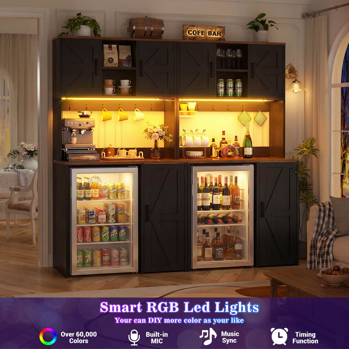 Mini Fridge Cabinet with Hutch Storage, Coffee Bar with Charging Station and LED Light( Refrigerator not included )