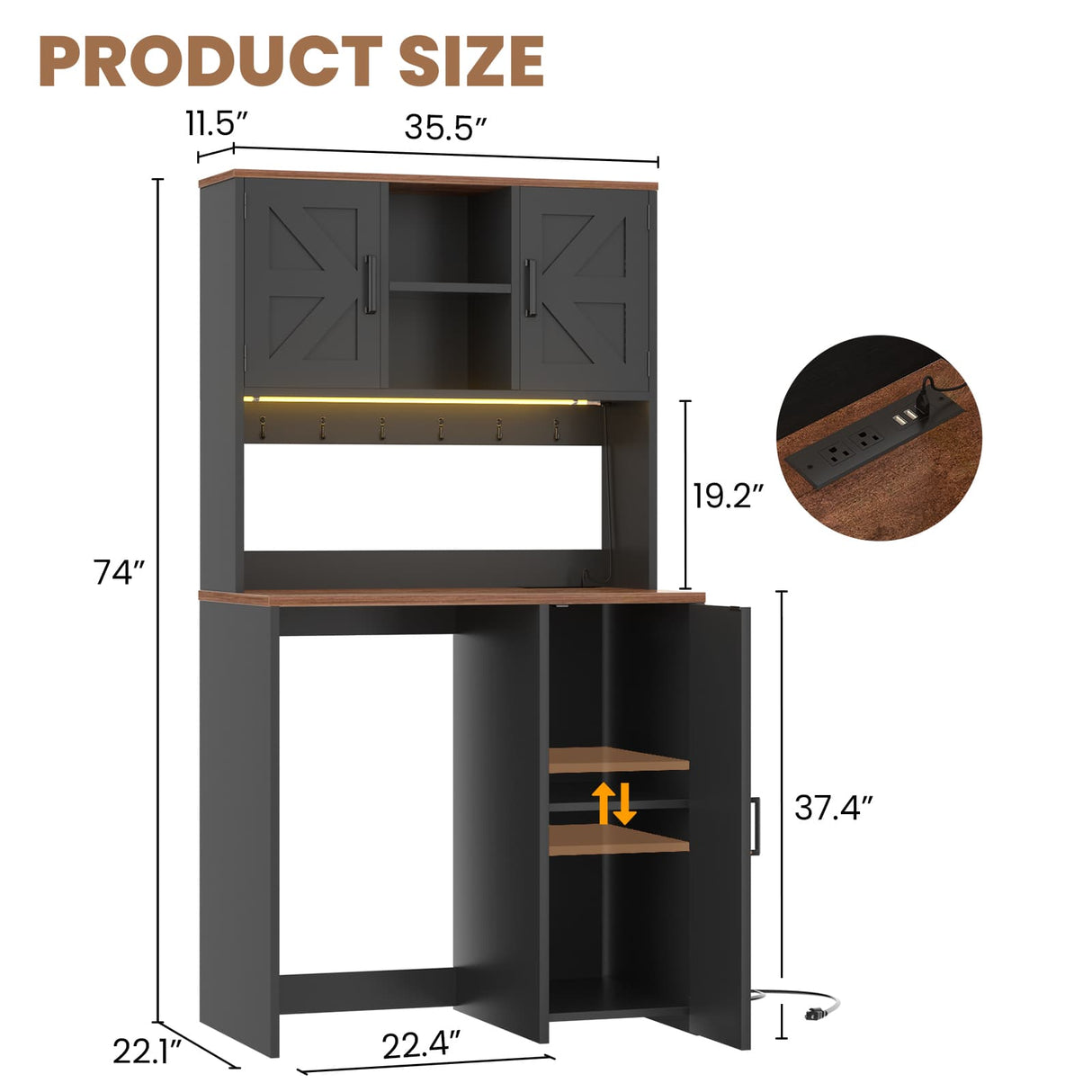 Mini Fridge Cabinet with Hutch Storage, Coffee Bar with Charging Station and LED Light( Refrigerator not included )