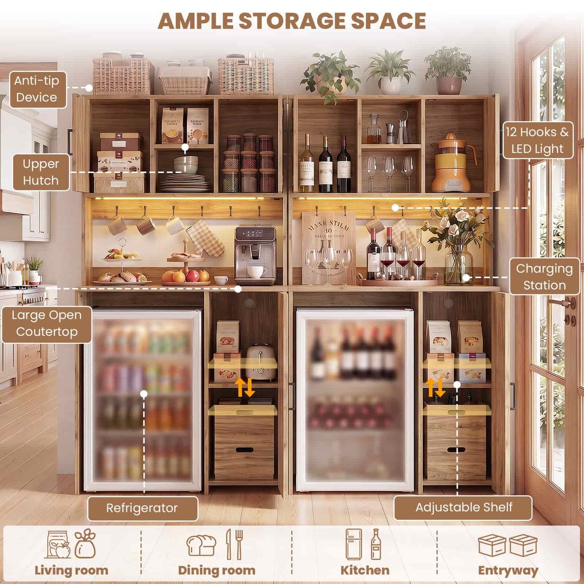 Mini Fridge Cabinet with Outlet & LED Light, Coffee Bar Cabinet