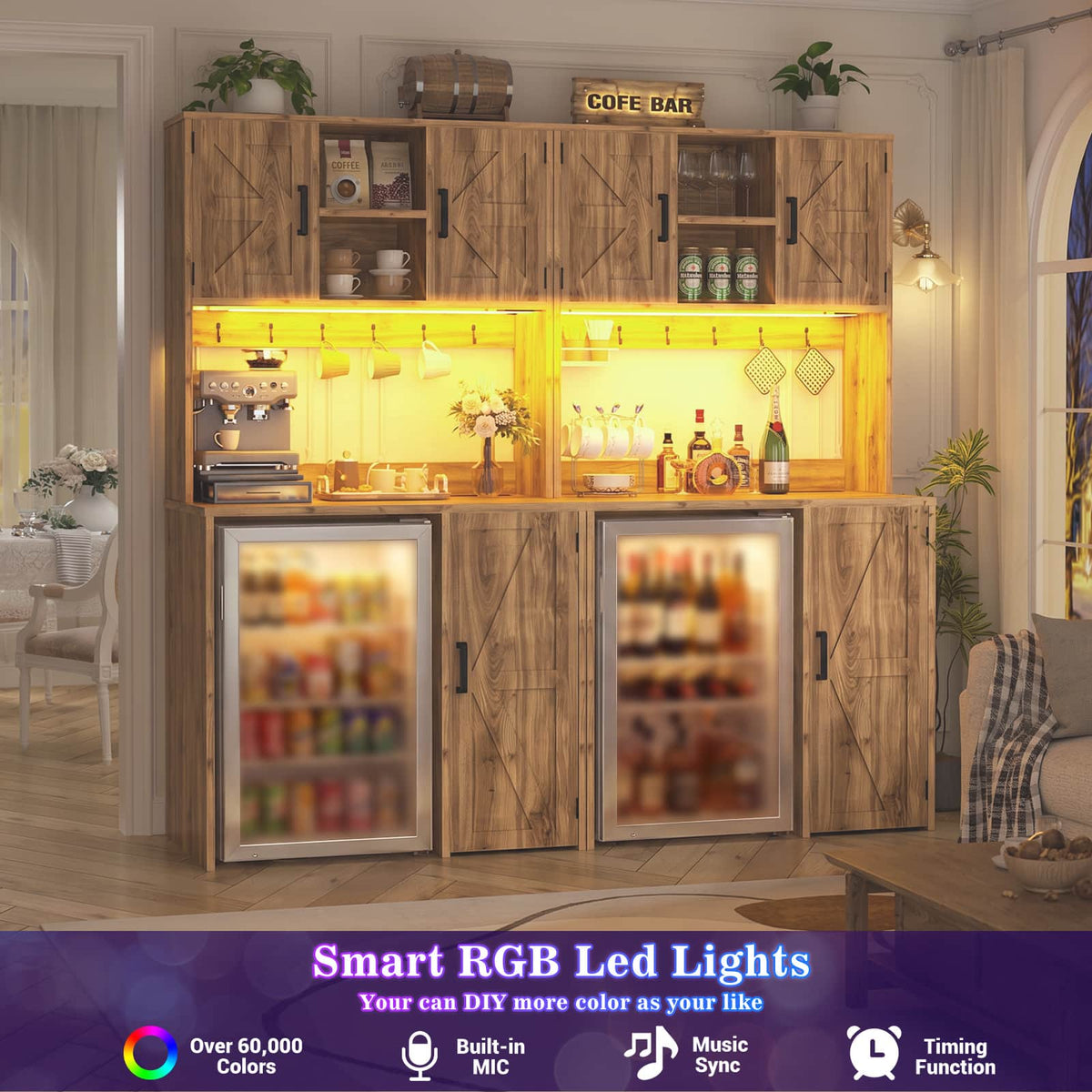Mini Fridge Cabinet with Outlet & LED Light, Coffee Bar Cabinet