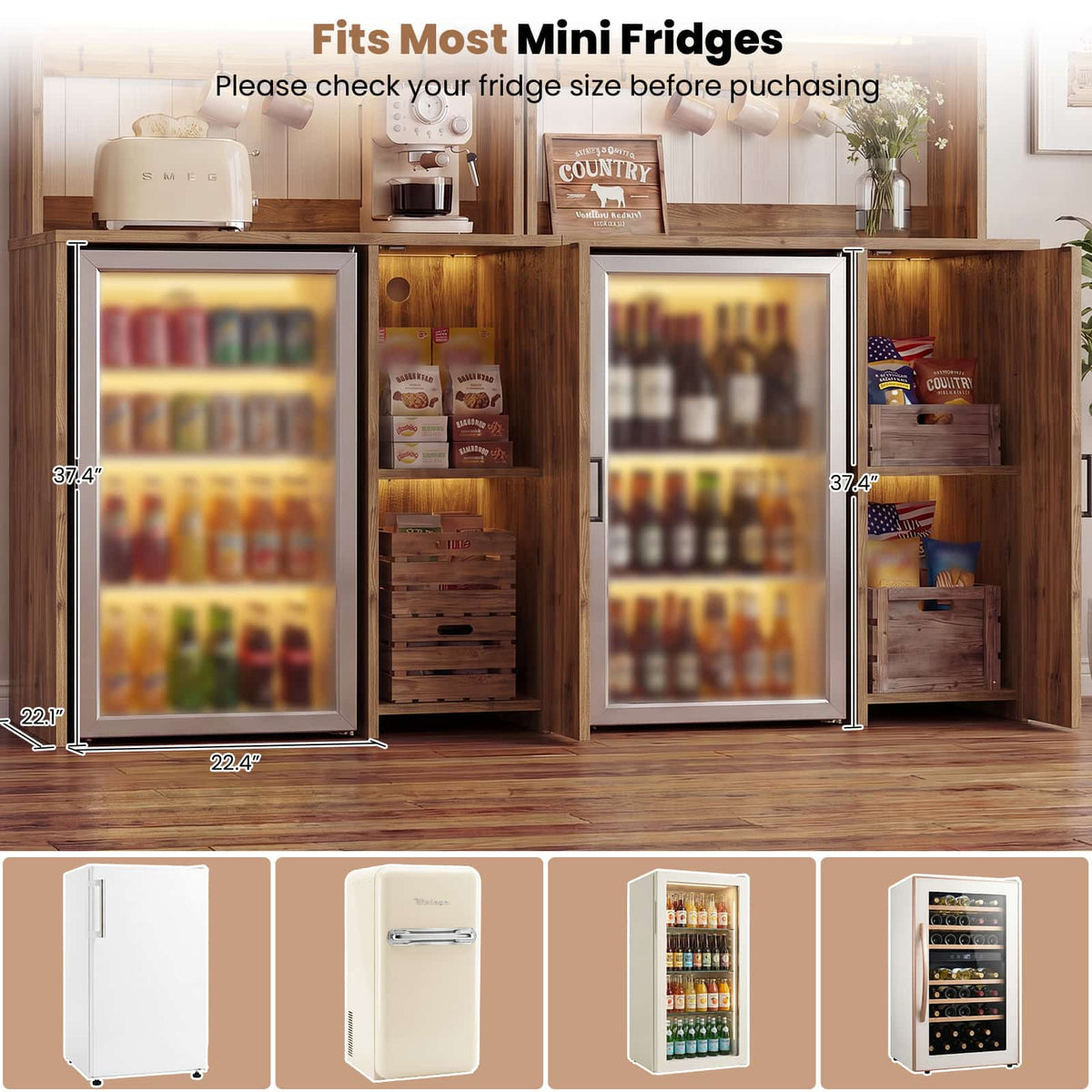 Mini Fridge Cabinet with Outlet & LED Light, Coffee Bar Cabinet