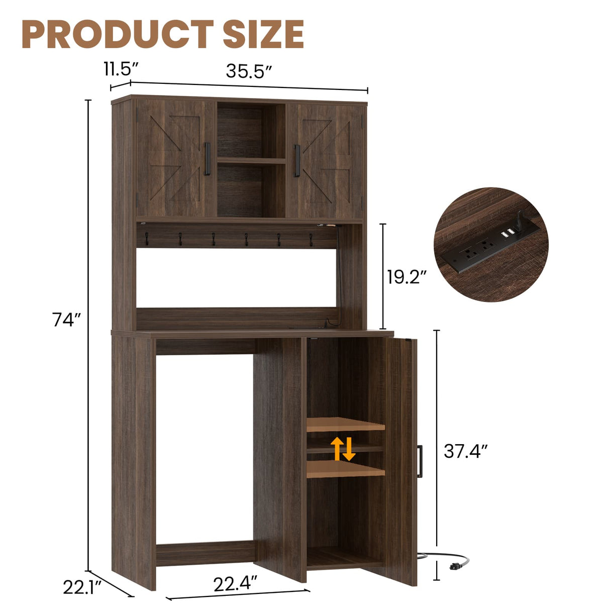 Mini Fridge Cabinet with Hutch Storage, Coffee Bar with Charging Station and LED Light( Refrigerator not included )