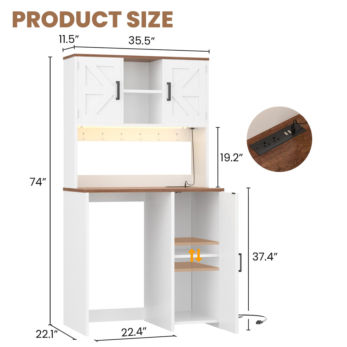 Mini Fridge Cabinet with Hutch Storage, Coffee Bar with Charging Station and LED Light( Refrigerator not included )
