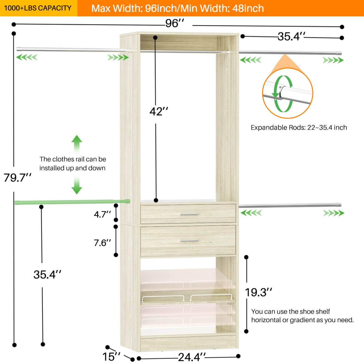 8FT Closet System with 2 Wooden Drawers and Adjustable Shoe Rack