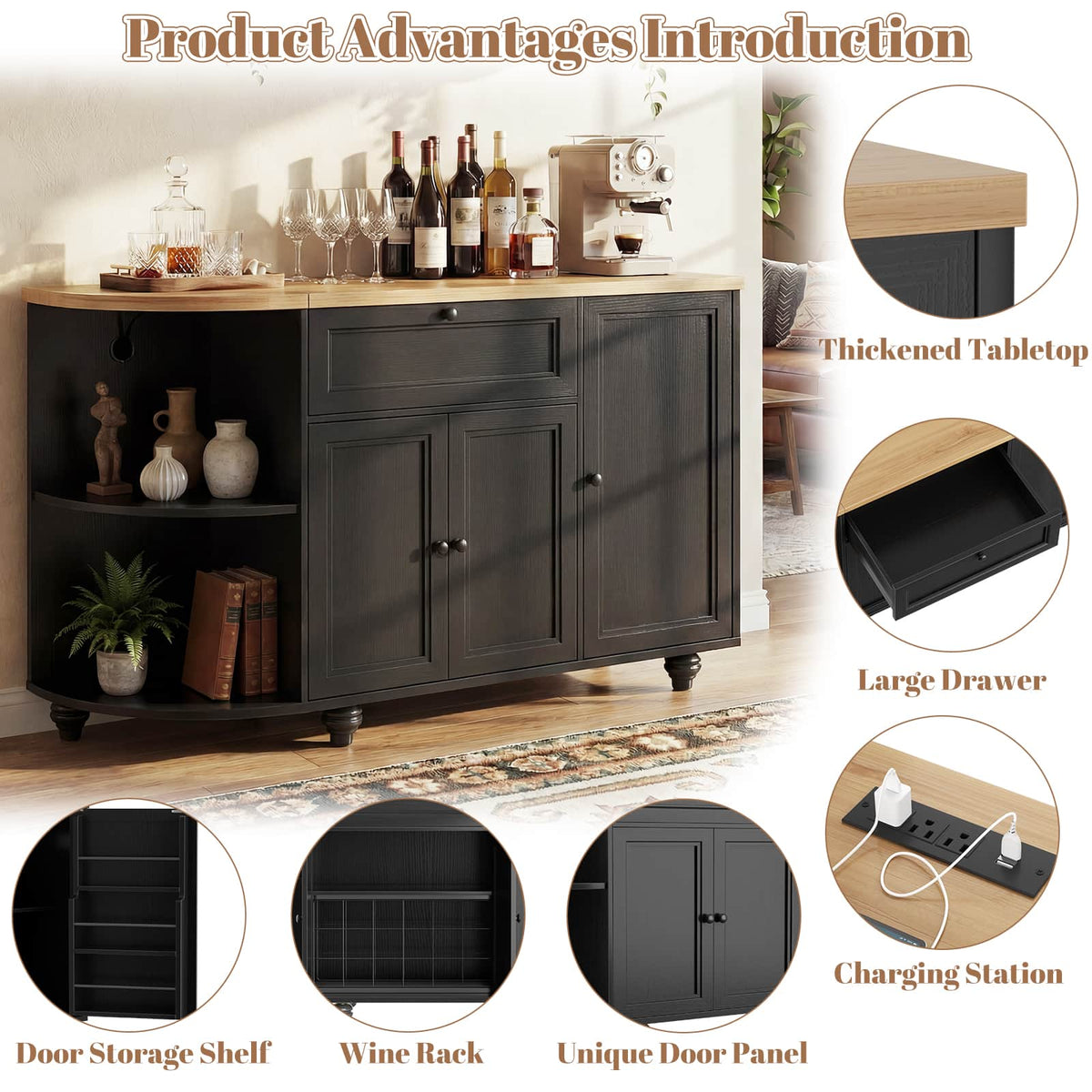 55" Buffet Cabinet with Storage and Outlets, Coffee Bar with Drawer