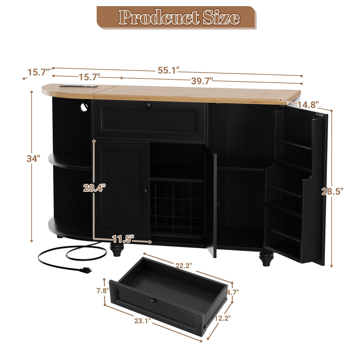 55" Buffet Cabinet with Storage and Outlets, Coffee Bar with Drawer