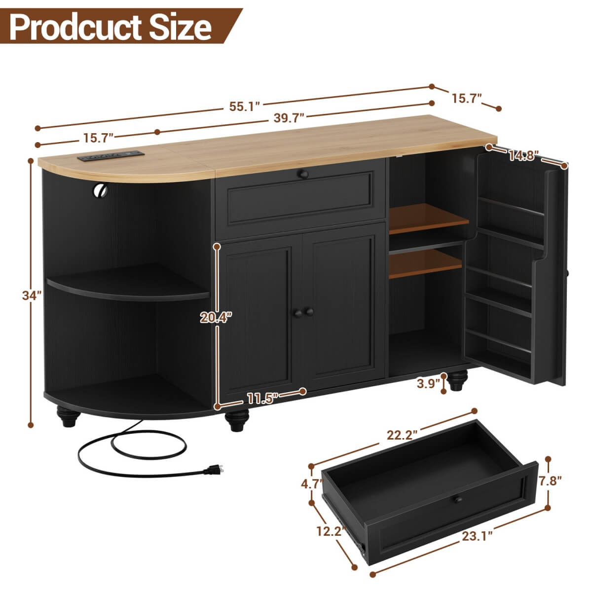 Buffet Cabinet with Wine Rack, 55", Bar Cabinet with Drawers and Outlets