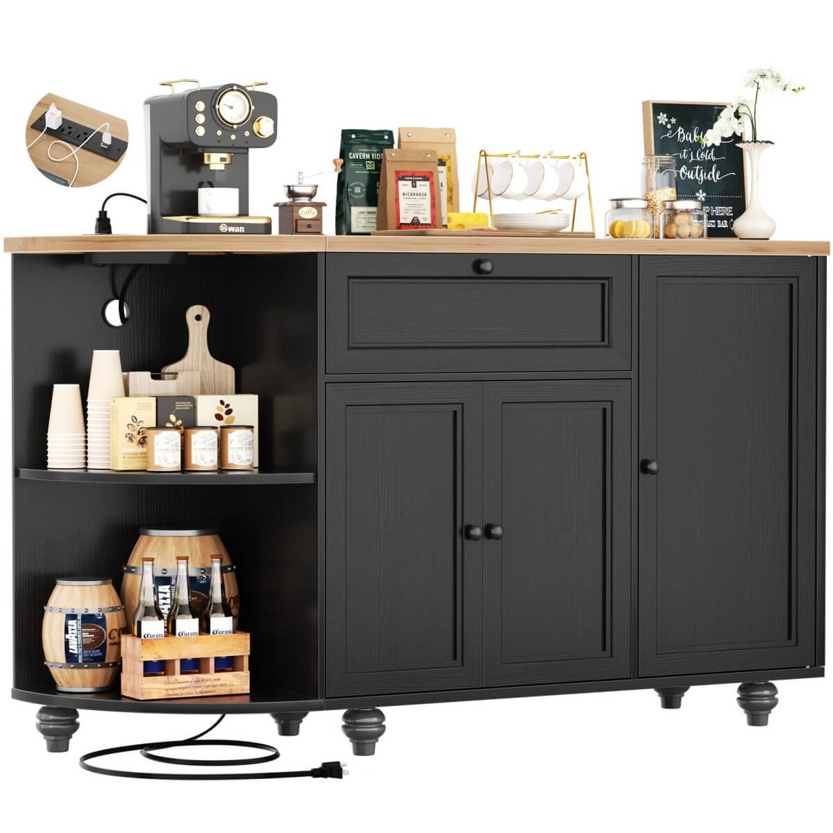 Buffet Cabinet with Wine Rack, 55", Bar Cabinet with Drawers and Outlets