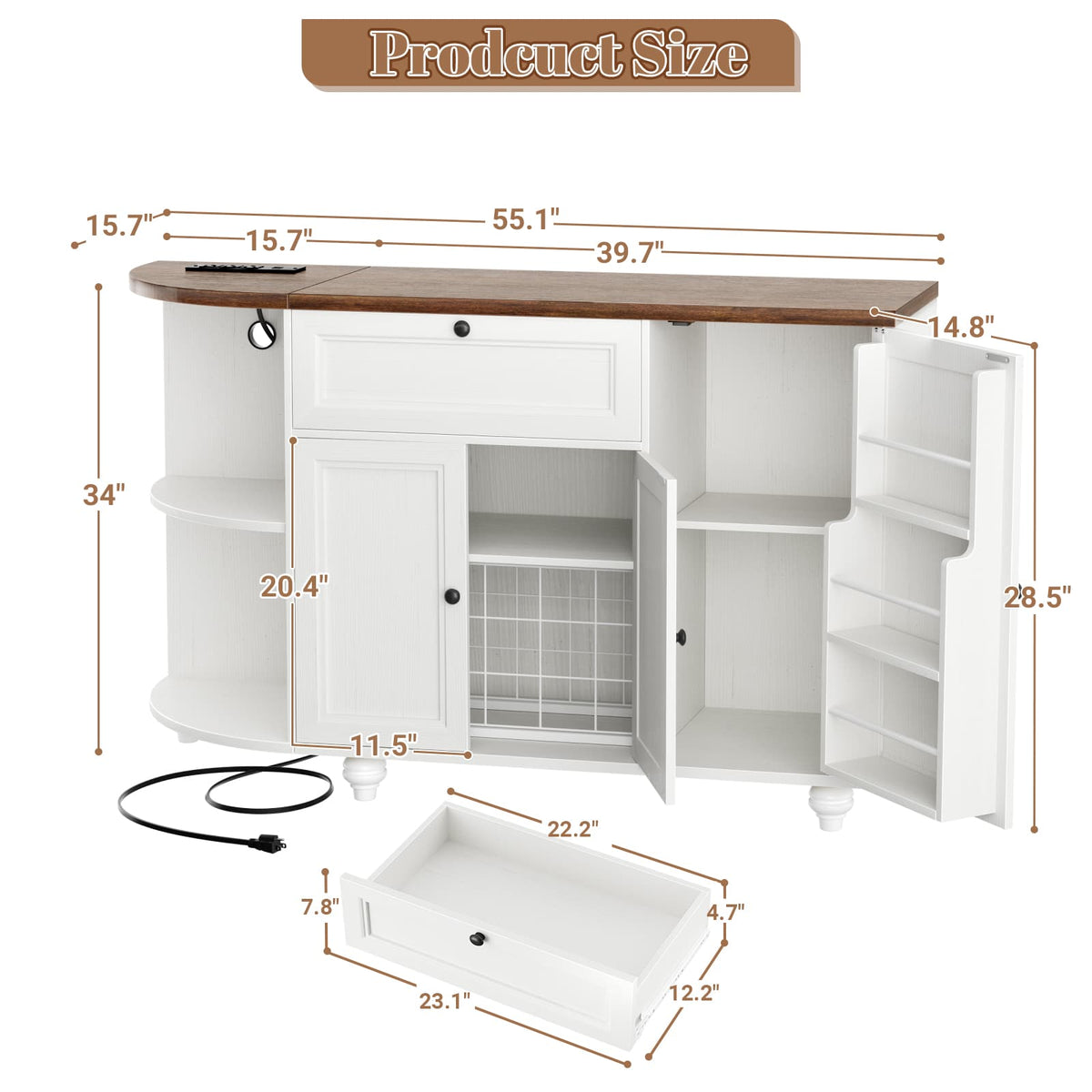 55" Buffet Cabinet with Storage and Outlets, Coffee Bar with Drawer