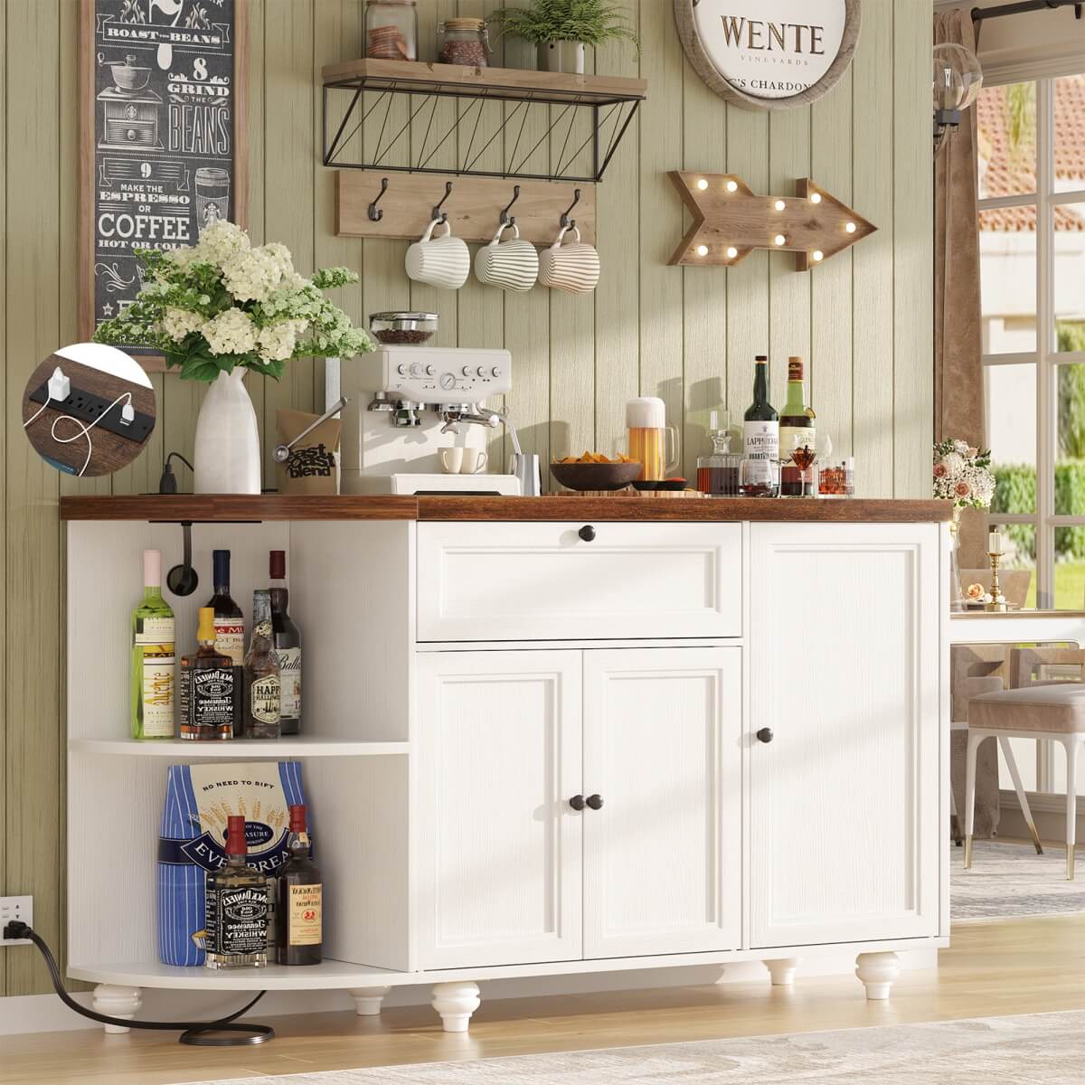 Buffet Cabinet with Wine Rack, 55", Bar Cabinet with Drawers and Outlets