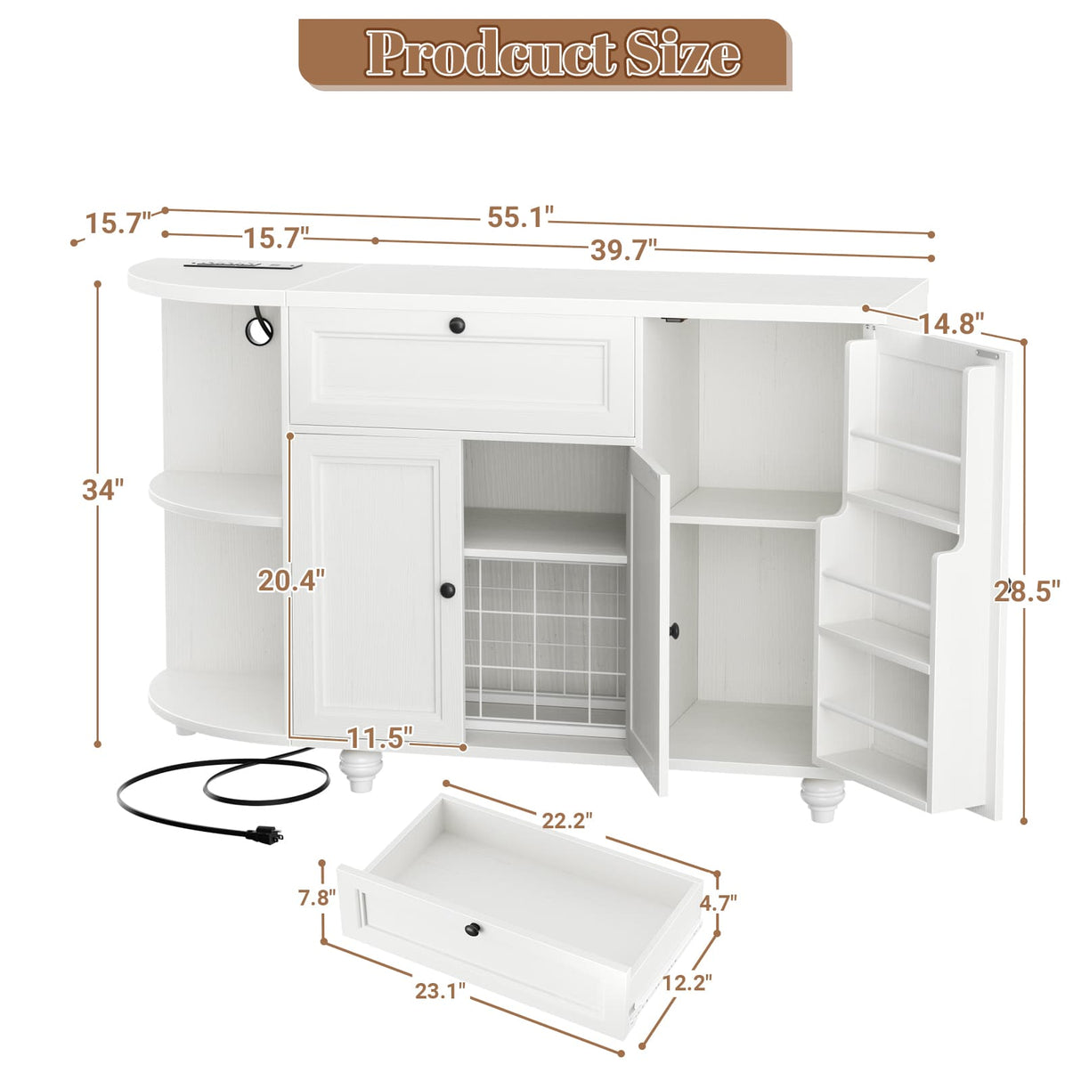 55" Buffet Cabinet with Storage and Outlets, Coffee Bar with Drawer