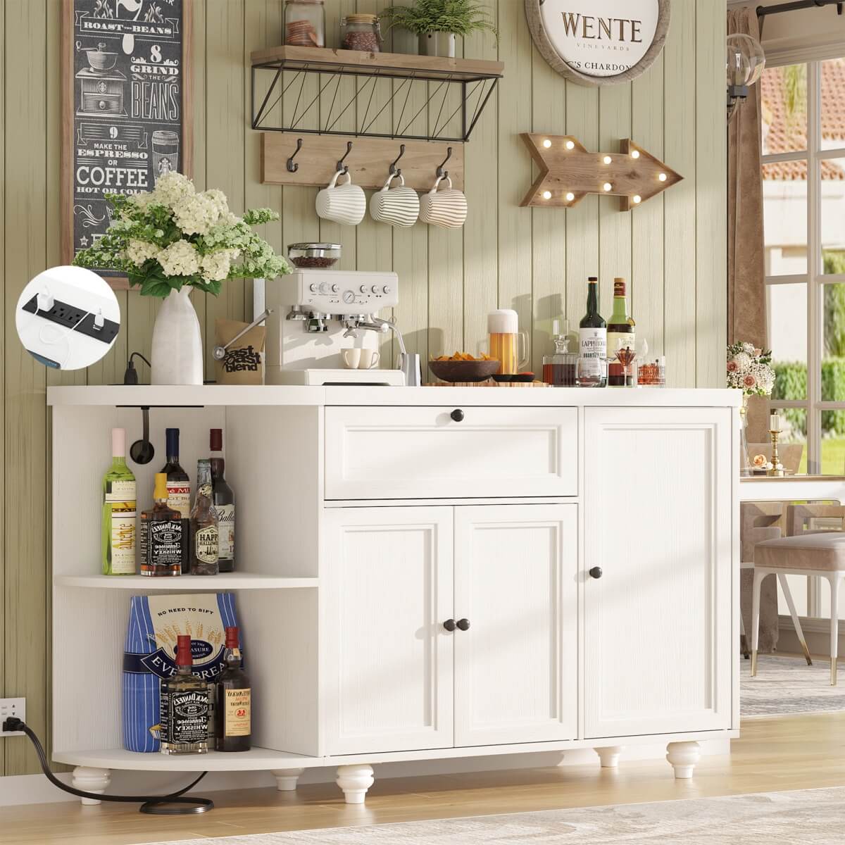 Buffet Cabinet with Wine Rack, 55", Bar Cabinet with Drawers and Outlets