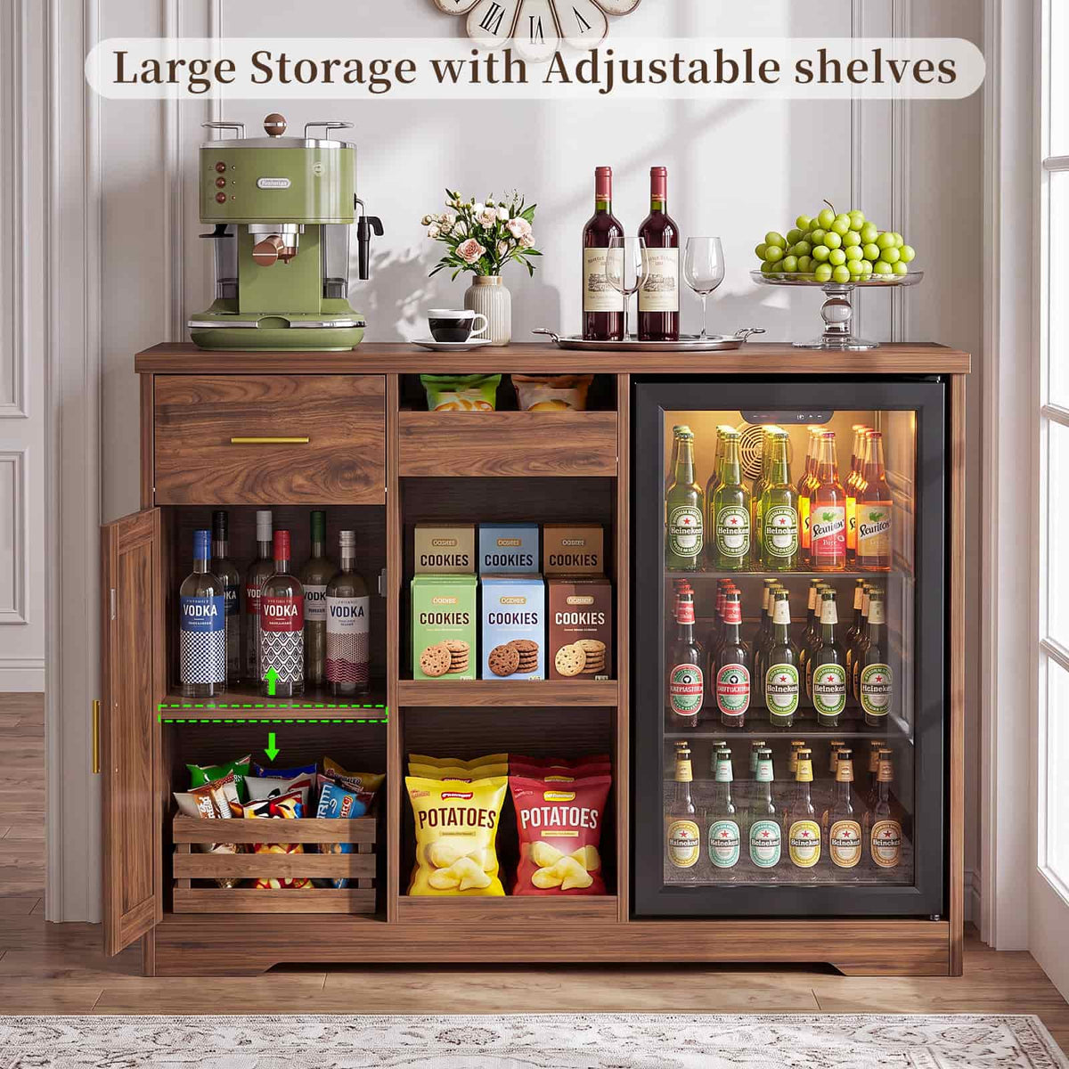 Coffee Bar Cabinet with Fridge Space & Snack Organizer