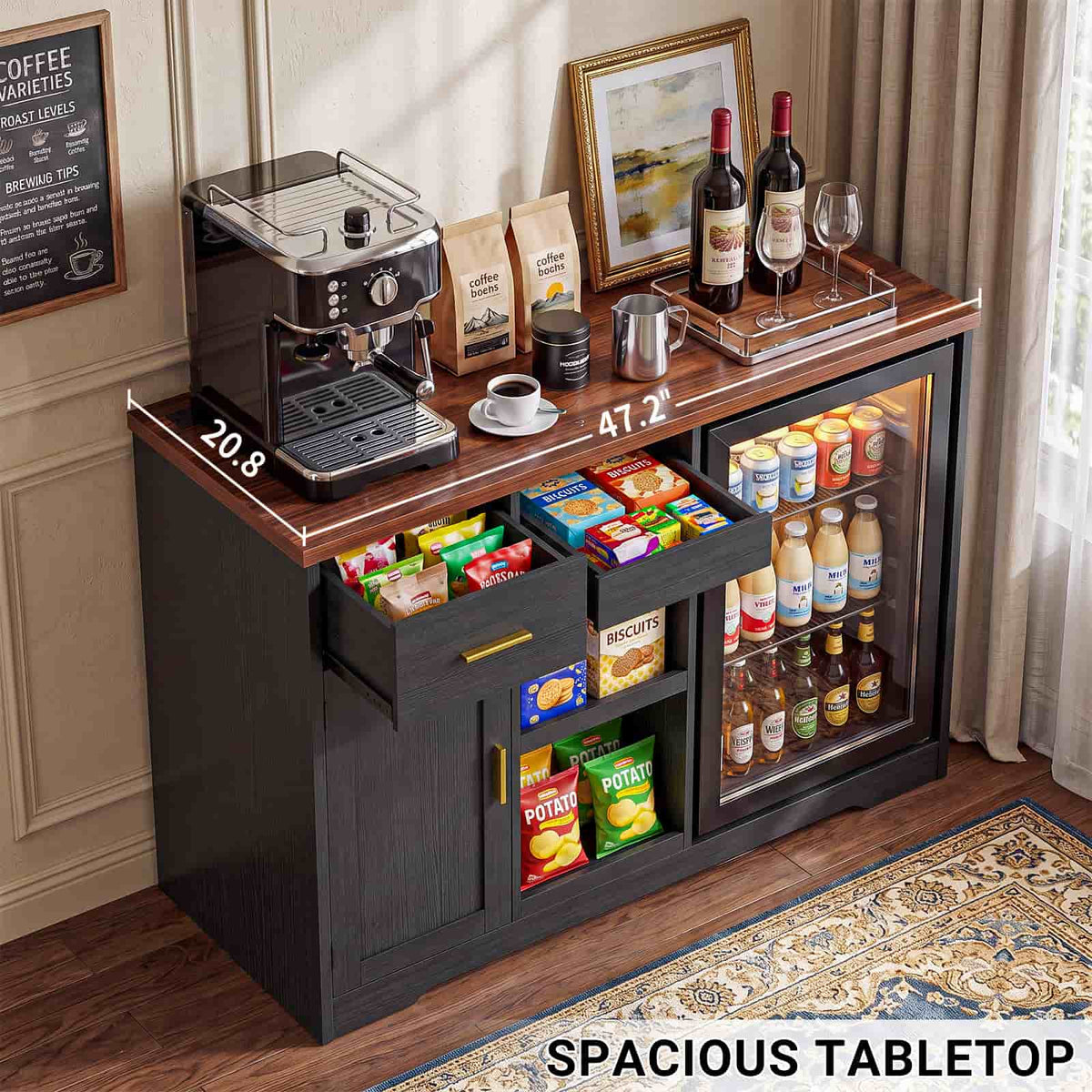 Coffee Bar Cabinet with Fridge Space & Snack Organizer