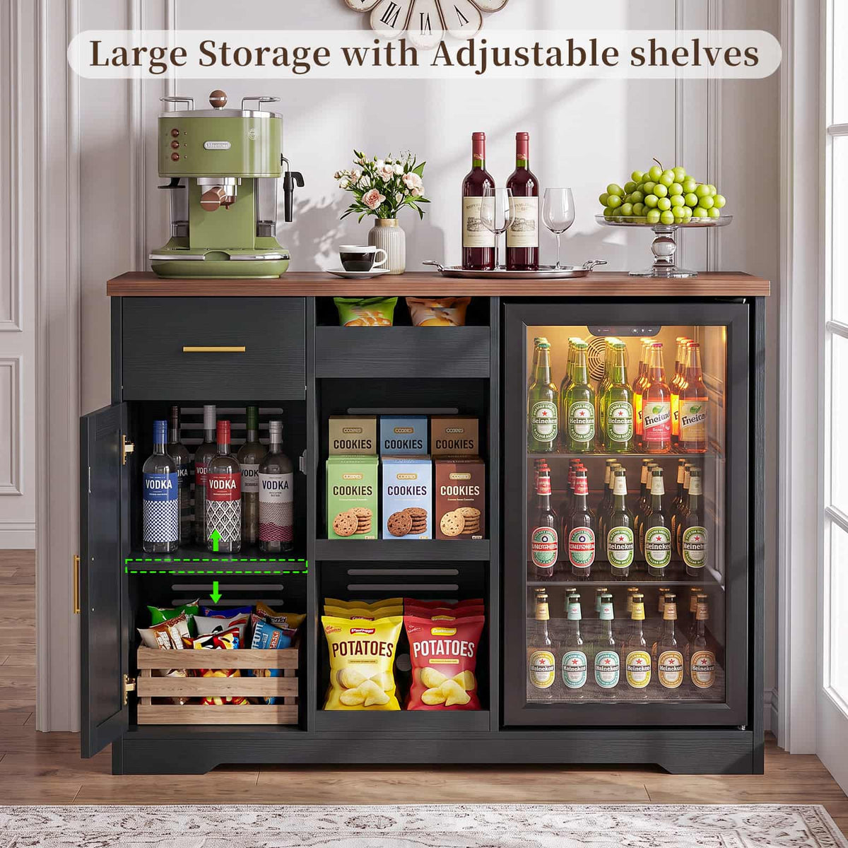 Coffee Bar Cabinet with Fridge Space & Snack Organizer