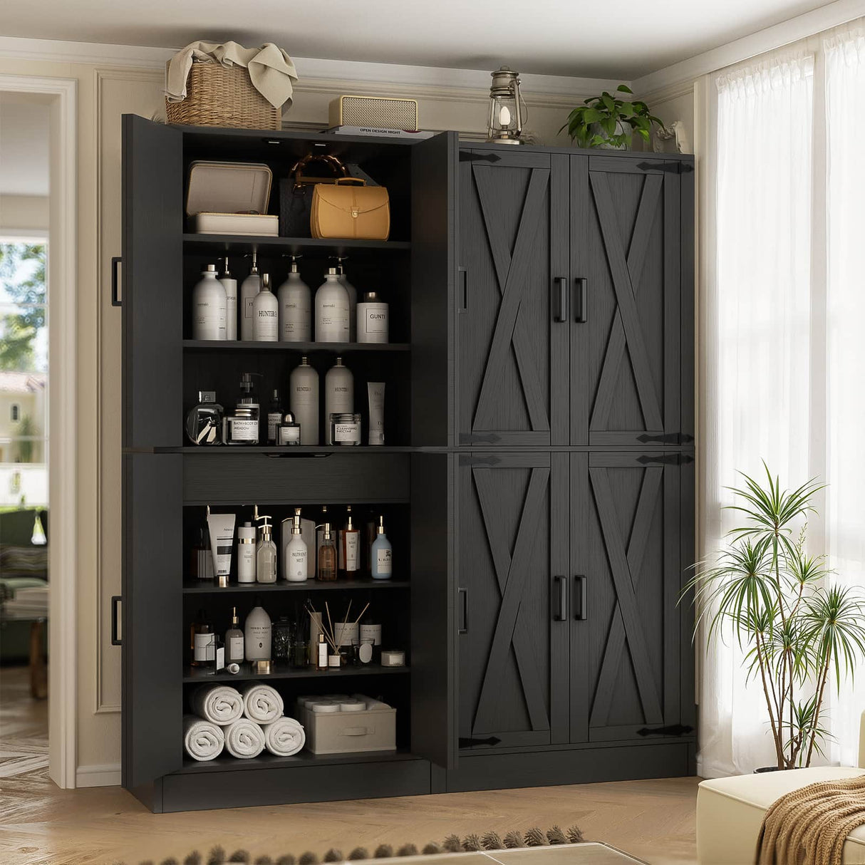 71" Tall Kitchen Pantry Cabinet with Farmhouse Barn Doors and Storage Drawer， 2 Packs