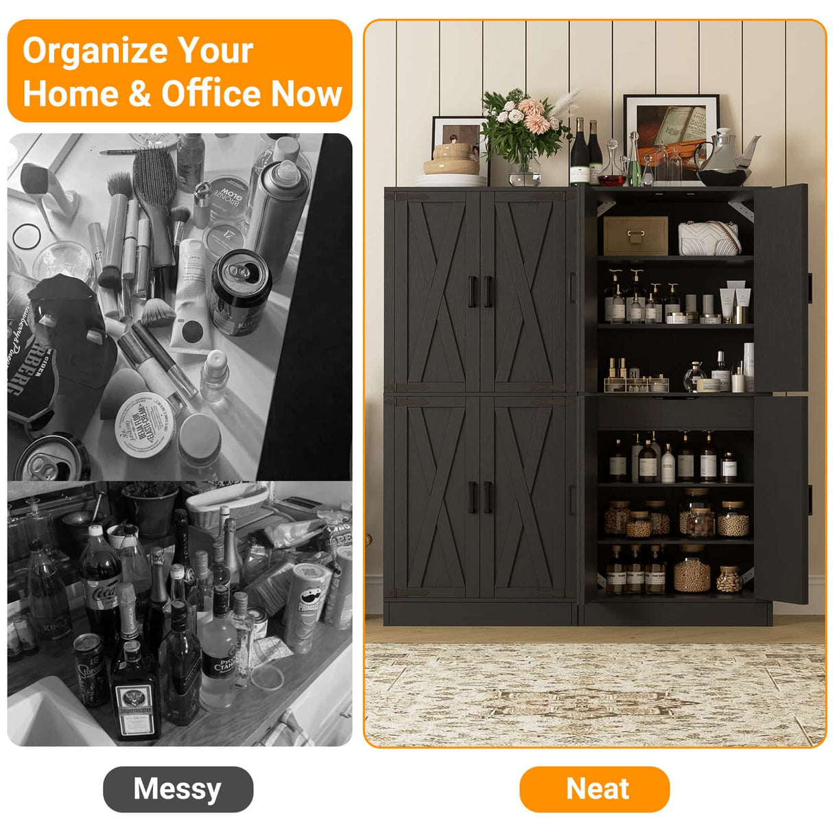 71" Tall Kitchen Pantry Cabinet with Farmhouse Barn Doors and Storage Drawer， 2 Packs