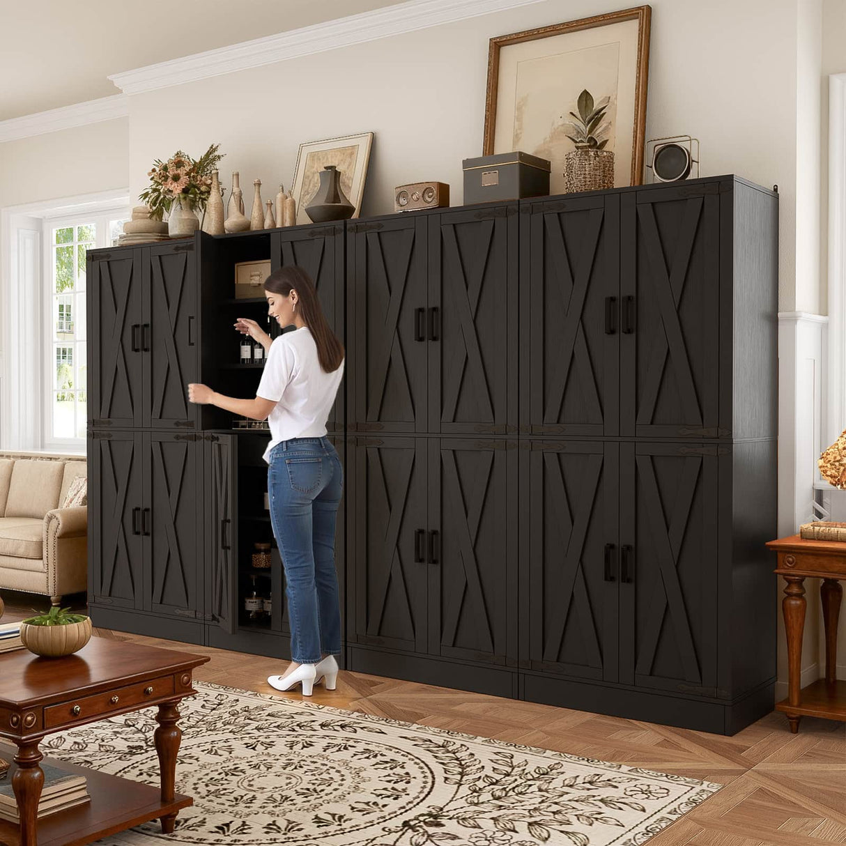71" Tall Kitchen Pantry Cabinet with Farmhouse Barn Doors and Storage Drawer， 2 Packs