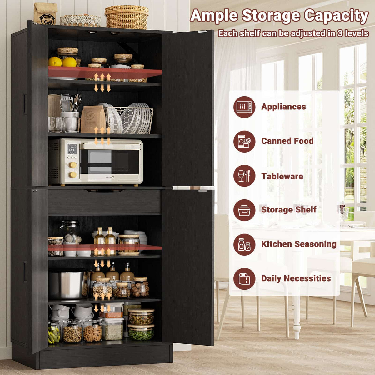 71"H Kitchen Pantry Storage Cabinet with Adjustable Shelves, Drawer