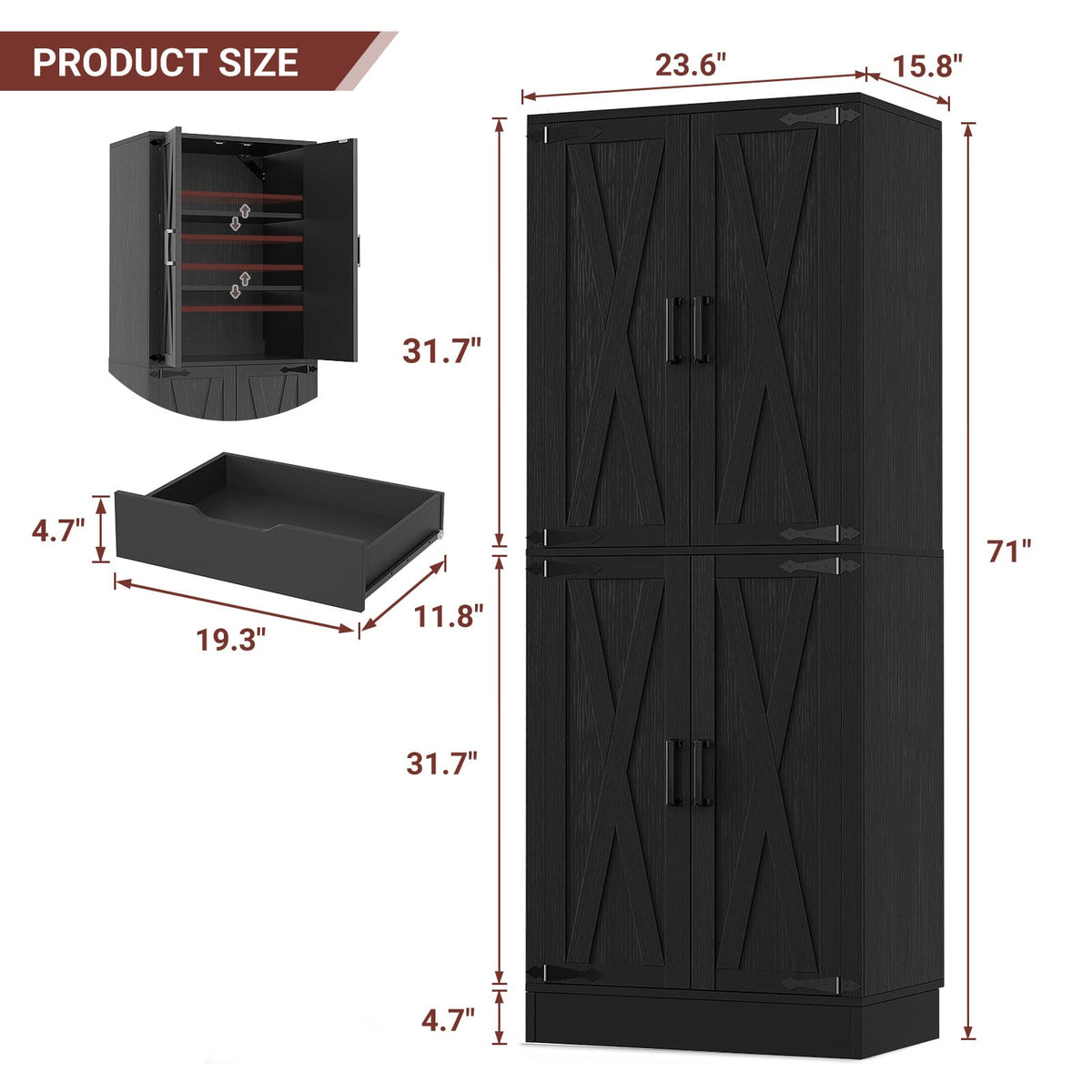 71"H Kitchen Pantry Storage Cabinet with Adjustable Shelves, Drawer
