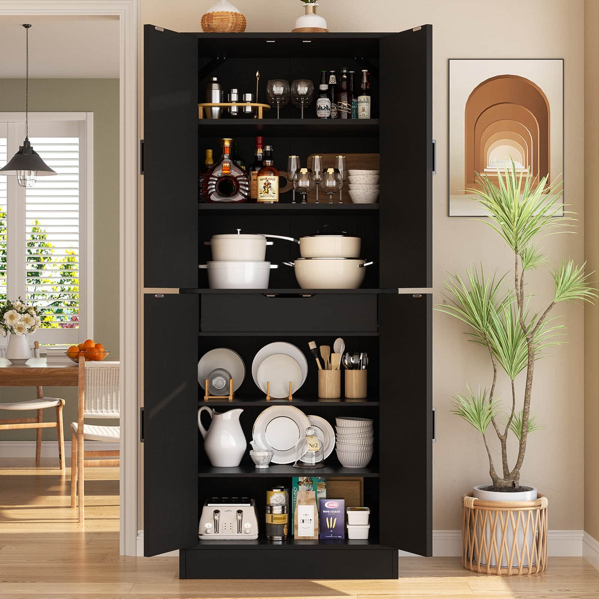 71"H Kitchen Pantry Storage Cabinet with Adjustable Shelves, Drawer