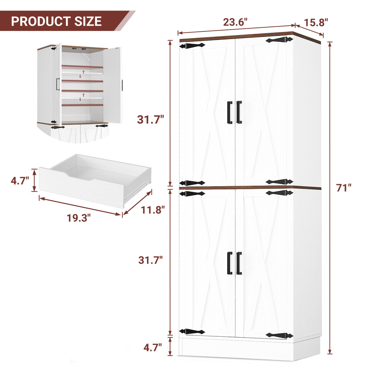 71" Tall Kitchen Pantry Cabinet with Farmhouse Barn Doors