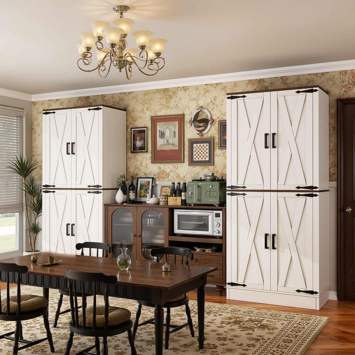 71" Tall Kitchen Pantry Cabinet with Farmhouse Barn Doors and Storage Drawer