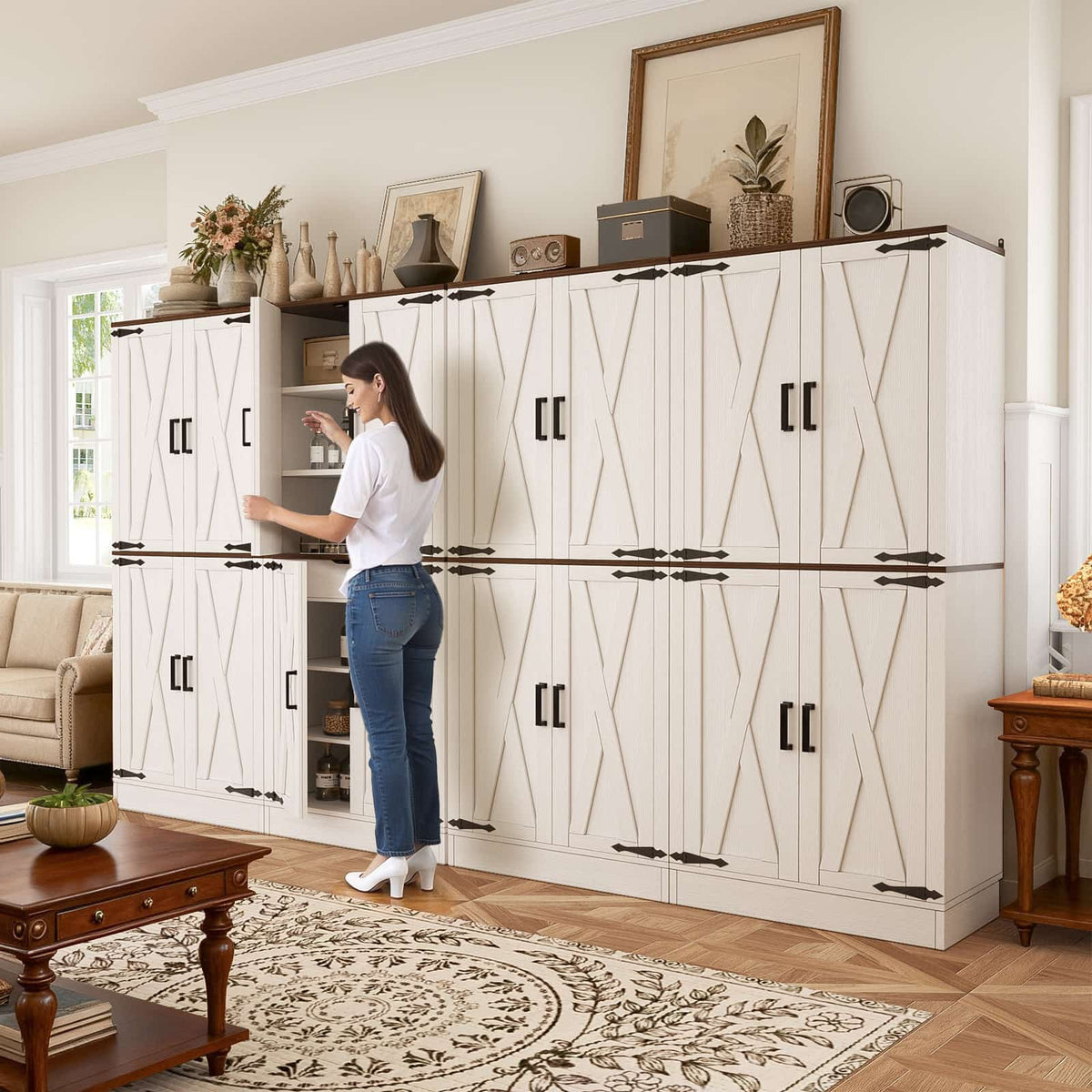 71" Tall Kitchen Pantry Cabinet with Farmhouse Barn Doors and Storage Drawer