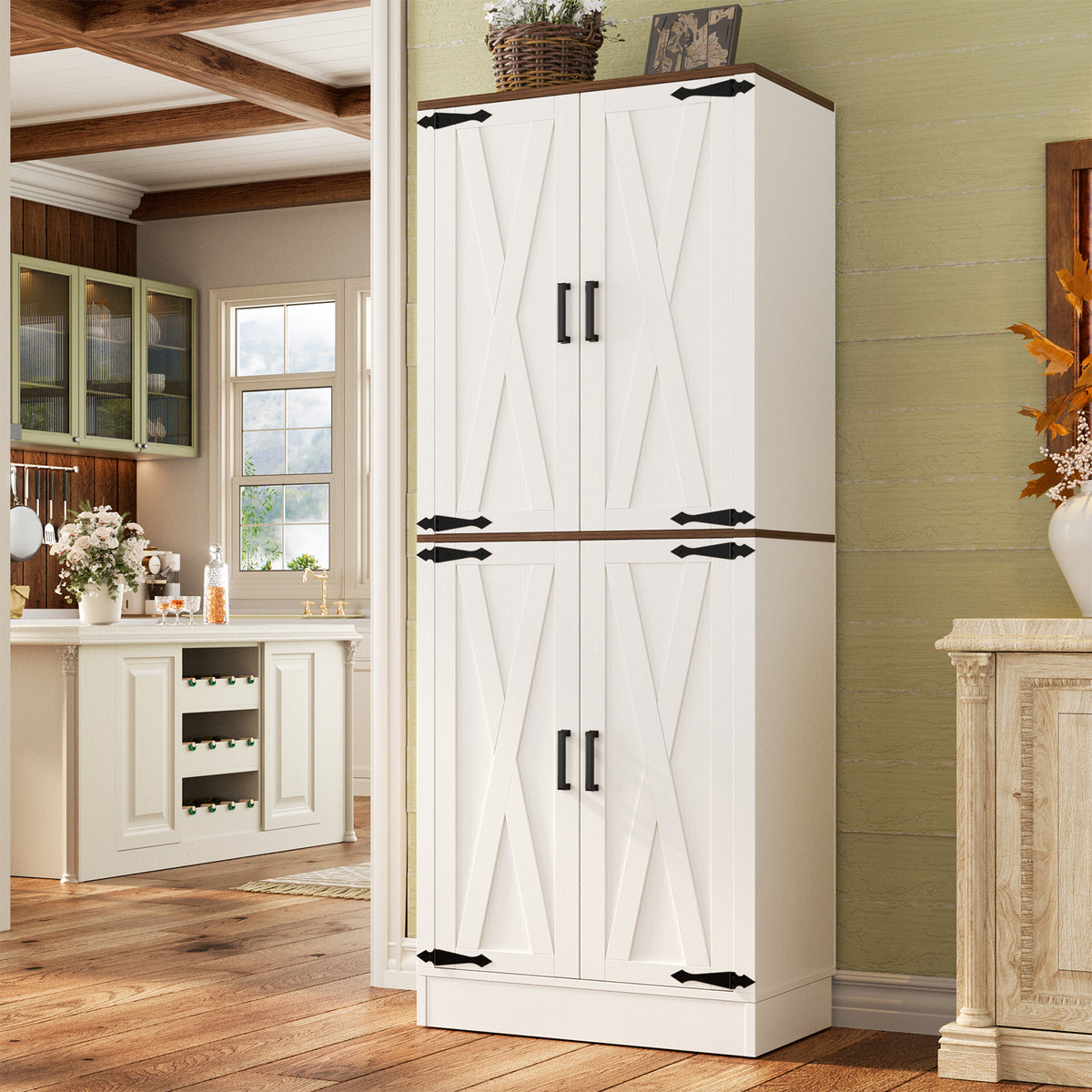 71" Tall Kitchen Pantry Cabinet with Farmhouse Barn Doors