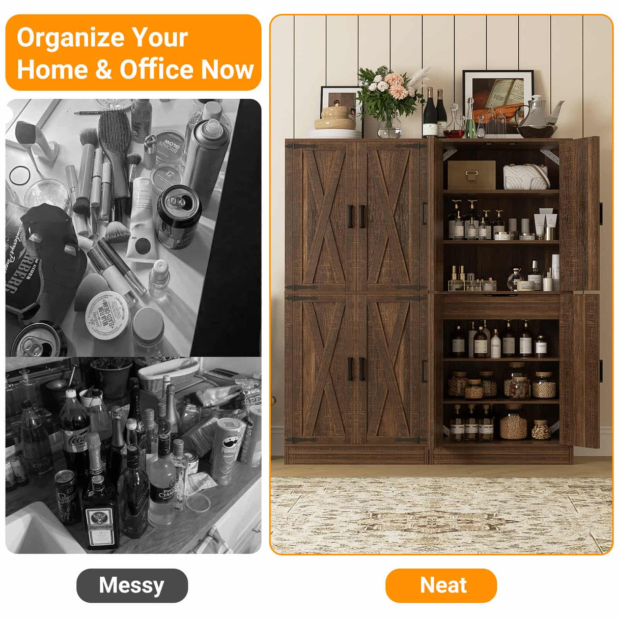 71" Tall Kitchen Pantry Cabinet with Farmhouse Barn Doors and Storage Drawer， 2 Packs