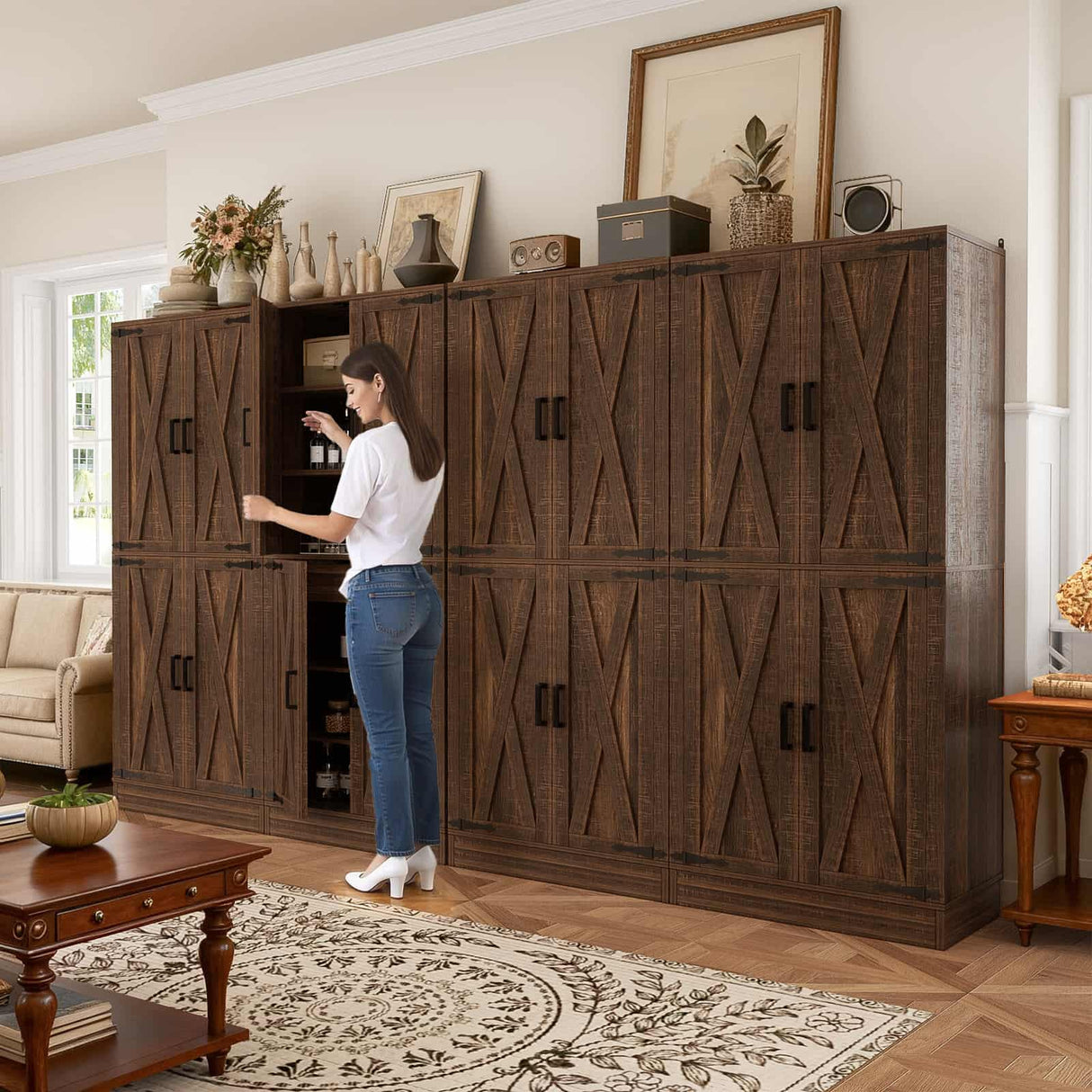 71" Tall Kitchen Pantry Cabinet with Farmhouse Barn Doors and Storage Drawer， 2 Packs
