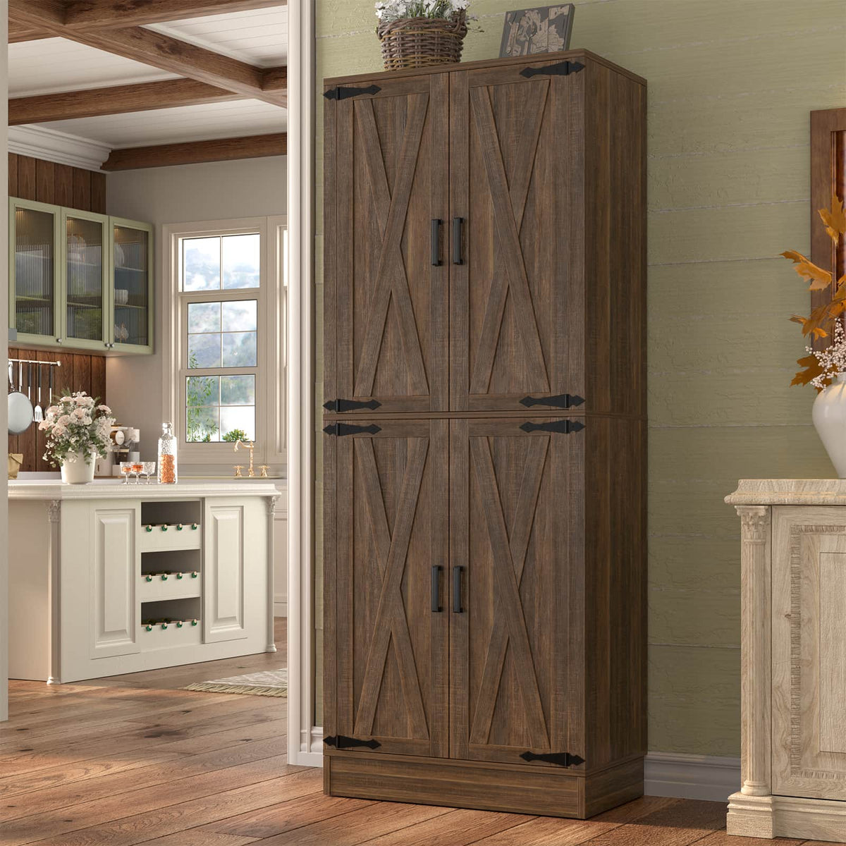 71"H Kitchen Pantry Storage Cabinet with Adjustable Shelves, Drawer
