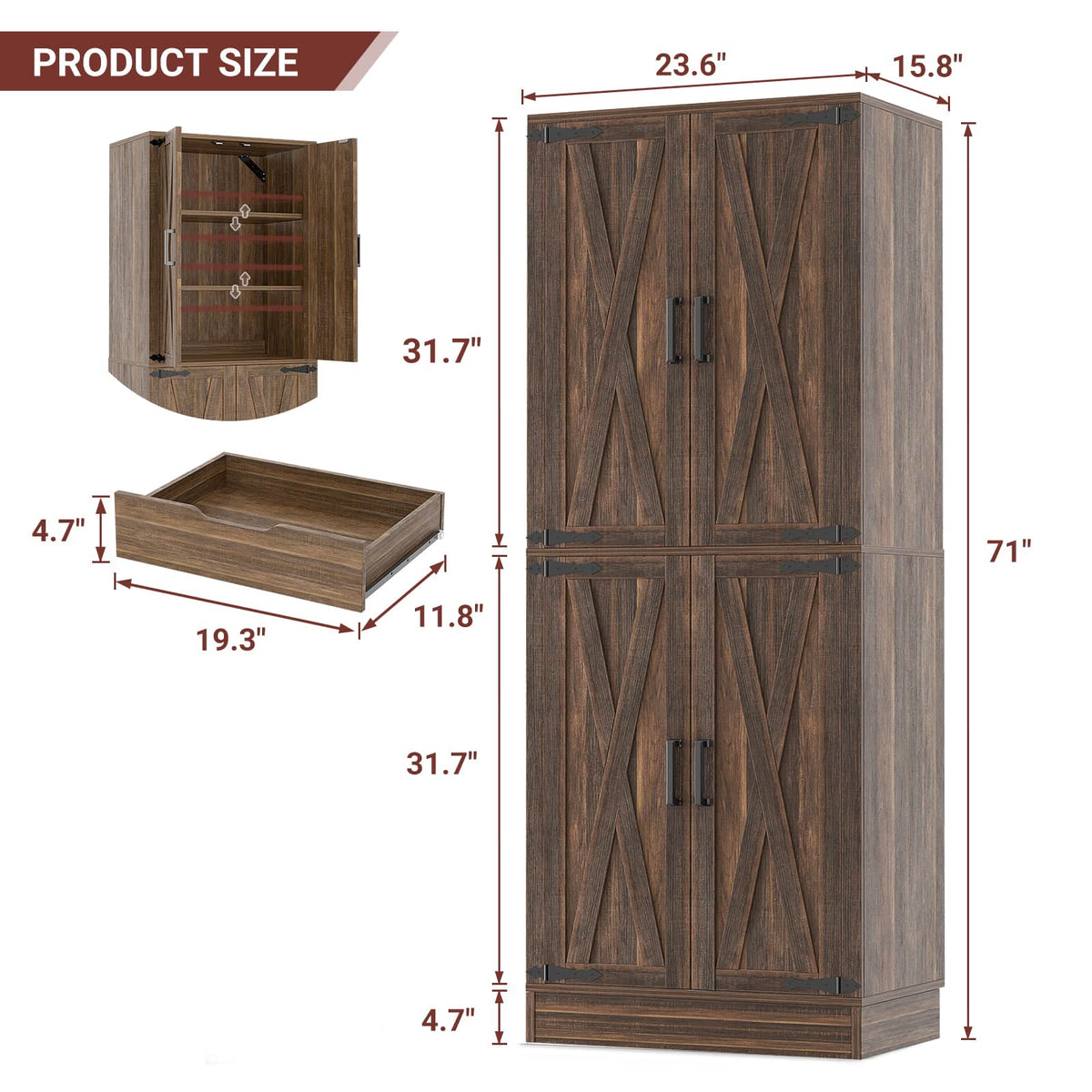 71"H Kitchen Pantry Storage Cabinet with Adjustable Shelves, Drawer