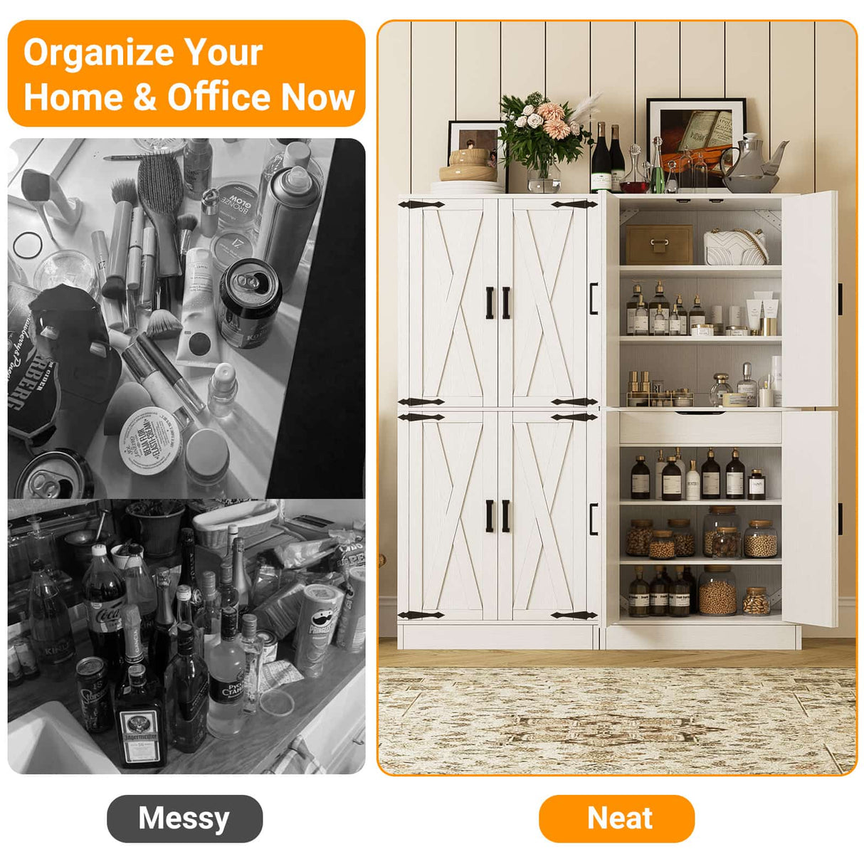 71" Tall Kitchen Pantry Cabinet with Farmhouse Barn Doors and Storage Drawer， 2 Packs