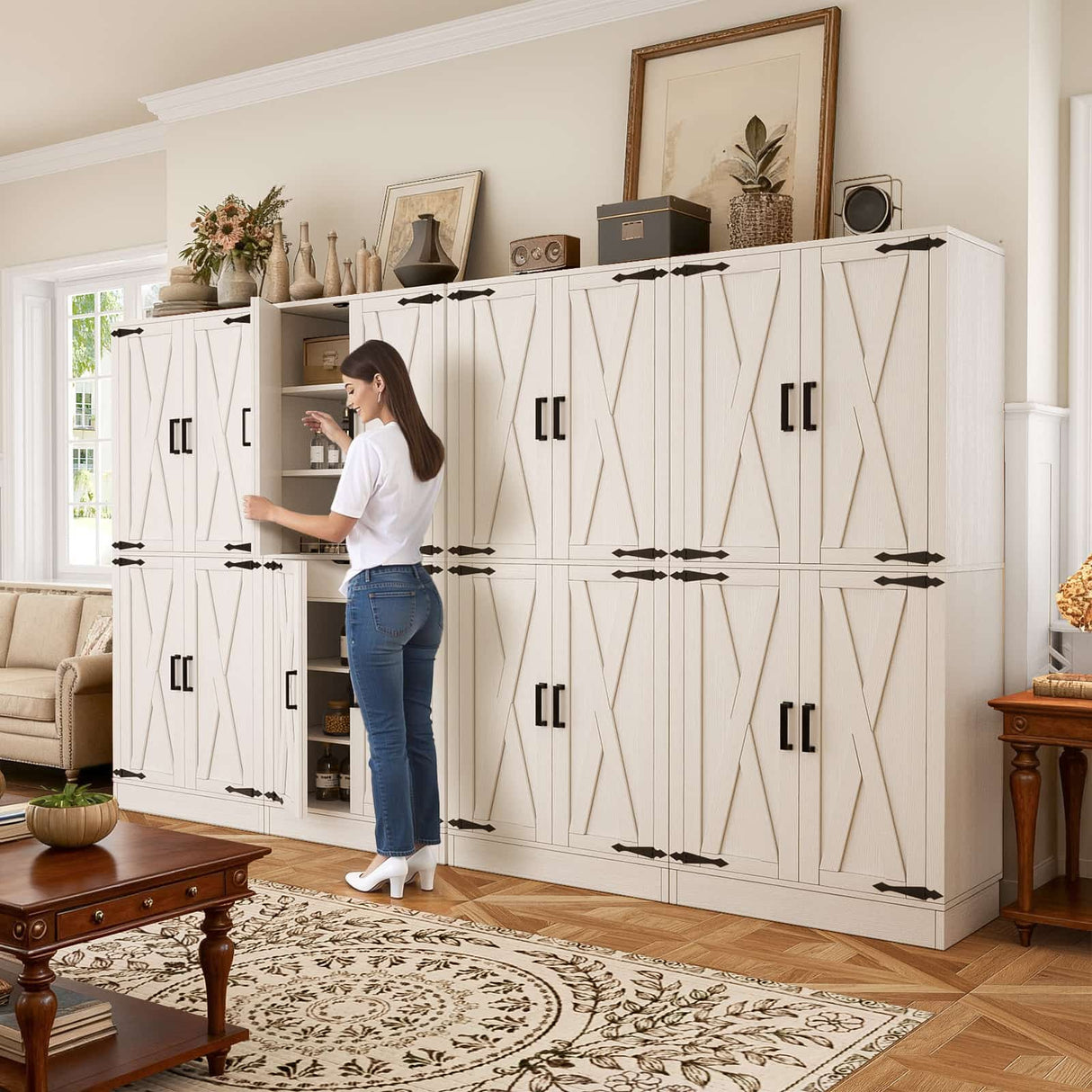 71" Tall Kitchen Pantry Cabinet with Farmhouse Barn Doors and Storage Drawer， 2 Packs
