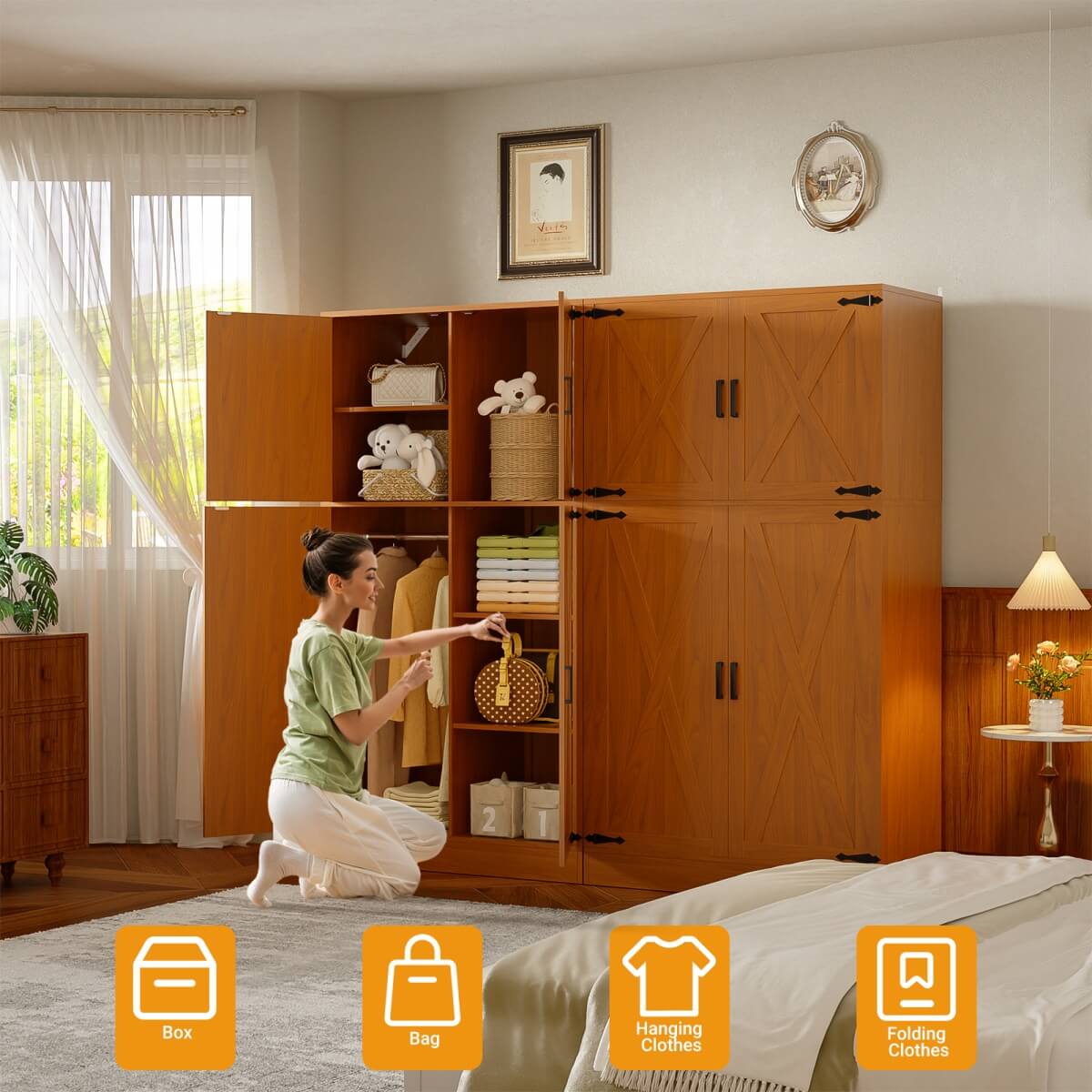 71'' High Modern Farmhouse Armoire Wardrobe Closet with Hanging Rods, 4 Door Wardrobe Closet