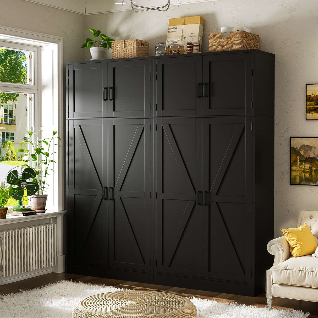 71” Tall Storage Cabinet, Farmhouse Kitchen Pantry Storage Cabinet with Adjustable Shelves and Barn Doors