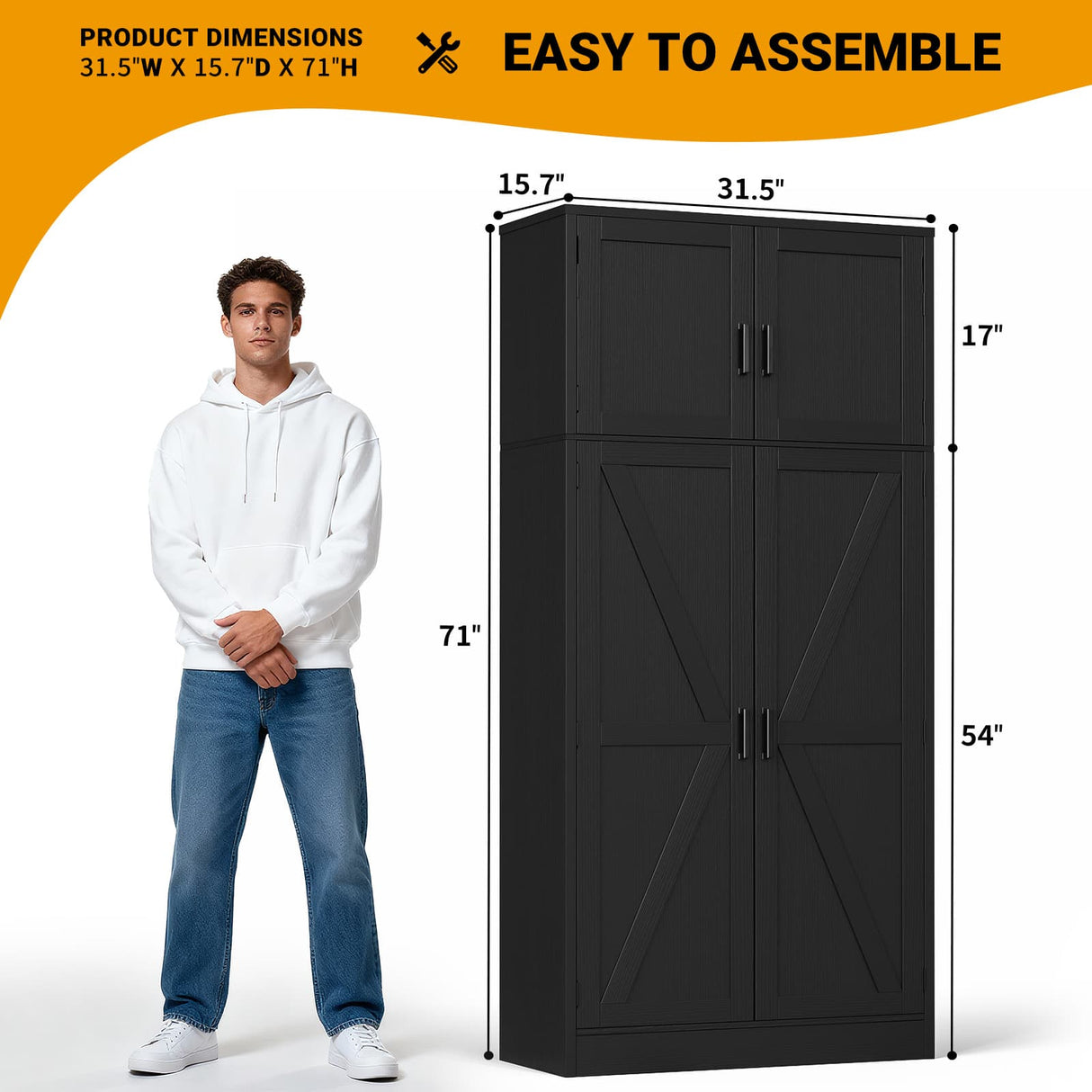 71” Tall Storage Cabinet, Farmhouse Kitchen Pantry Storage Cabinet with Adjustable Shelves and Barn Doors