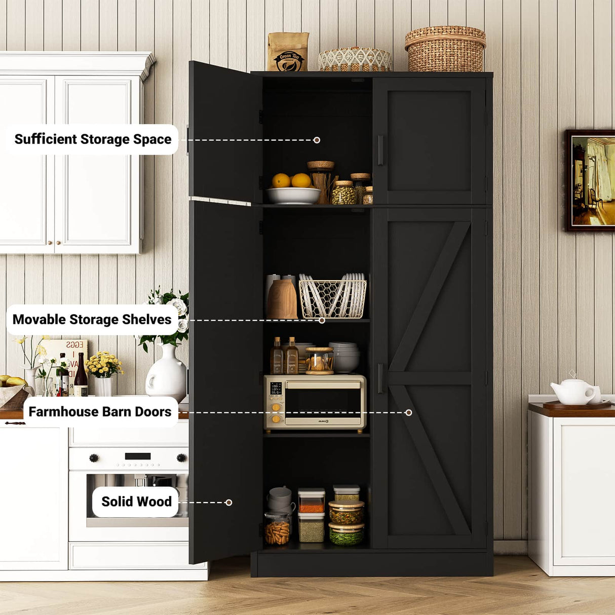71” Tall Storage Cabinet, Farmhouse Kitchen Pantry Storage Cabinet with Adjustable Shelves and Barn Doors