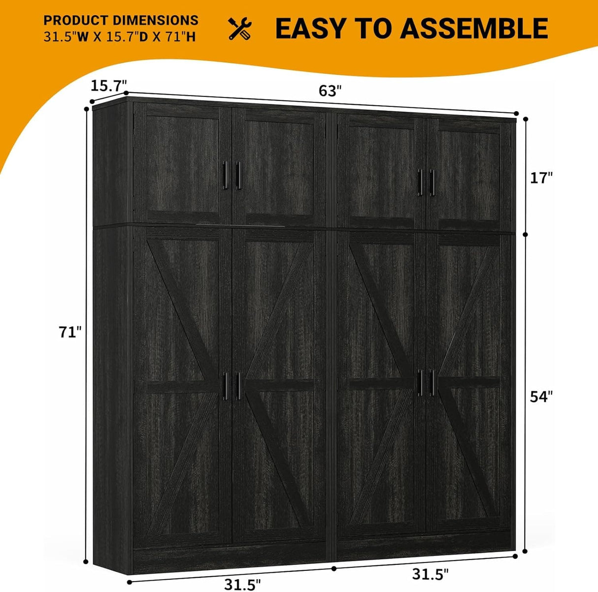 63'' Extra Wide Farmhouse Pantry Cabinet with Adjustable Shelves & Barn Doors, 4-Door Tall Storage Cabinet for Kitchen & Home Organization
