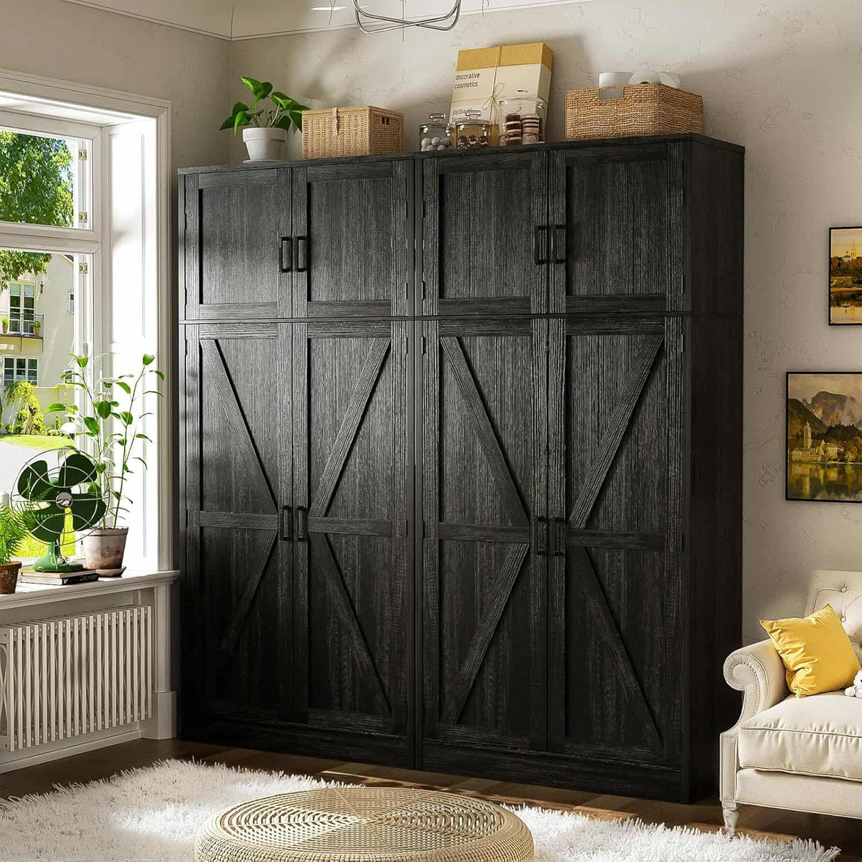 63'' Extra Wide Farmhouse Pantry Cabinet with Adjustable Shelves & Barn Doors, 4-Door Tall Storage Cabinet for Kitchen & Home Organization