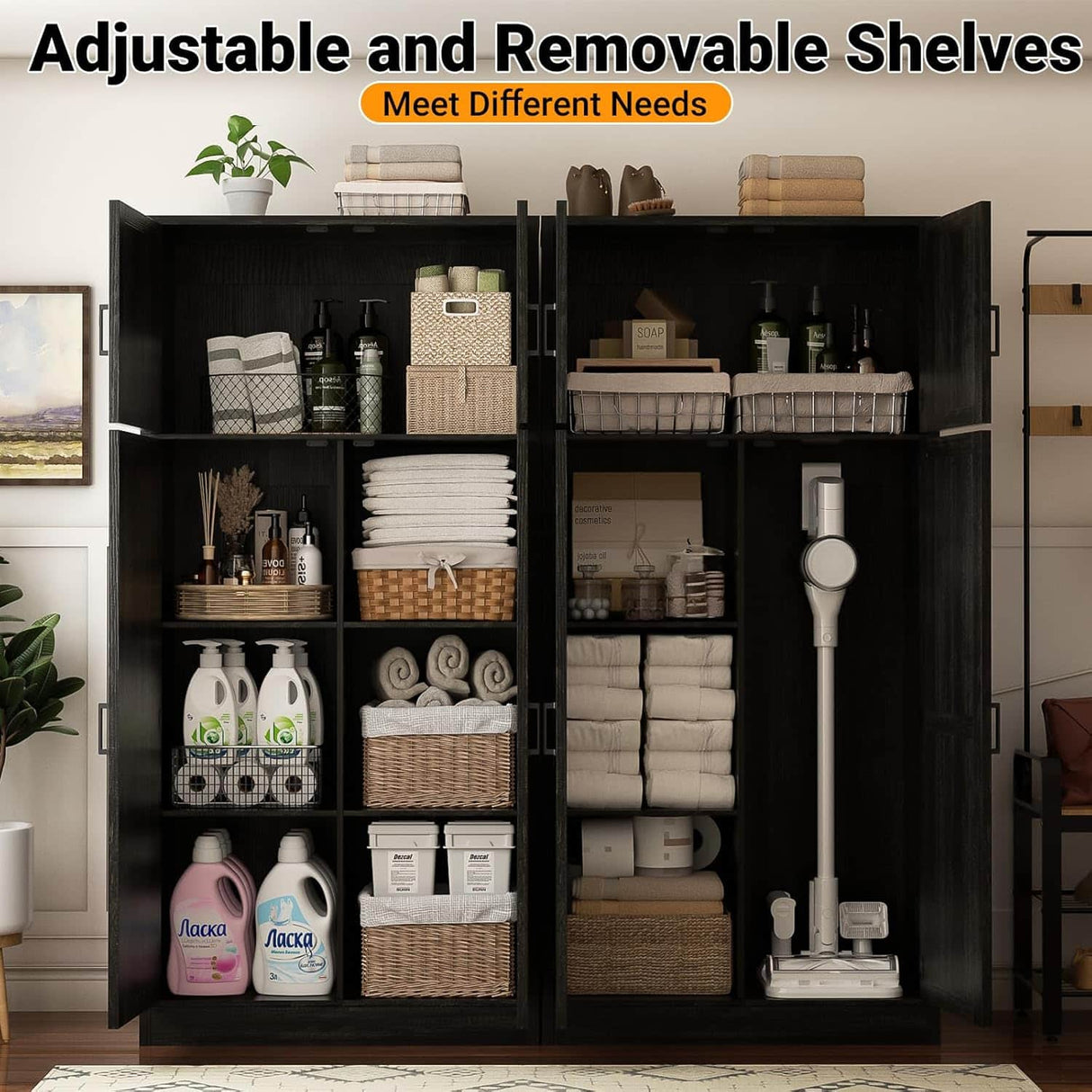 71” Tall Farmhouse Kitchen Pantry Cabinet with Adjustable Shelves and Barn Doors