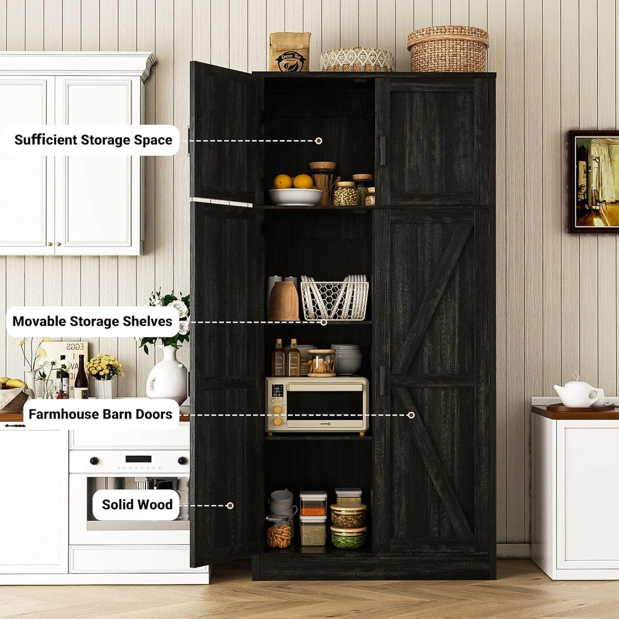 71” Tall Farmhouse Kitchen Pantry Cabinet with Adjustable Shelves and Barn Doors