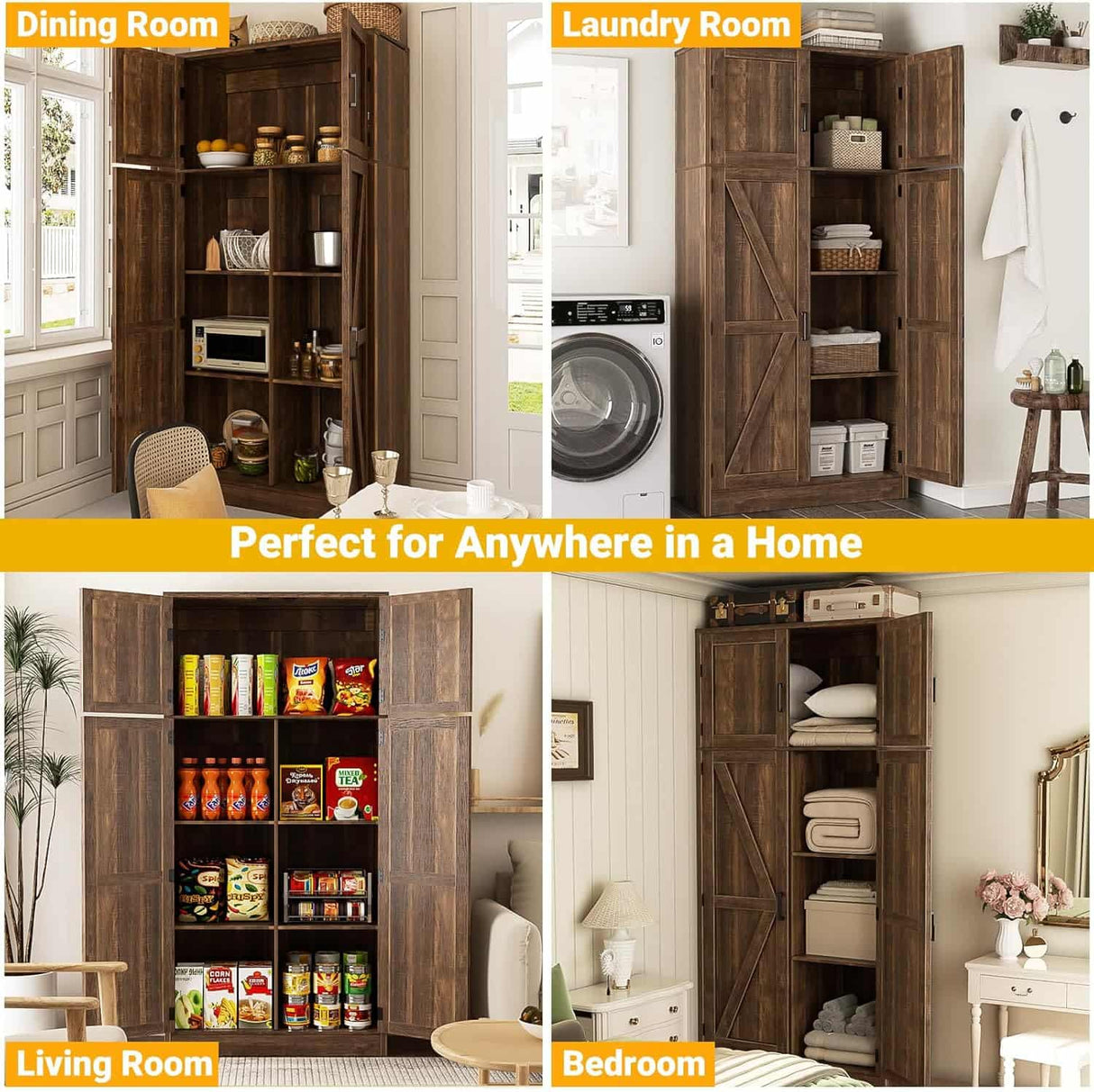 63'' Extra Wide Farmhouse Pantry Cabinet with Adjustable Shelves & Barn Doors, 4-Door Tall Storage Cabinet for Kitchen & Home Organization
