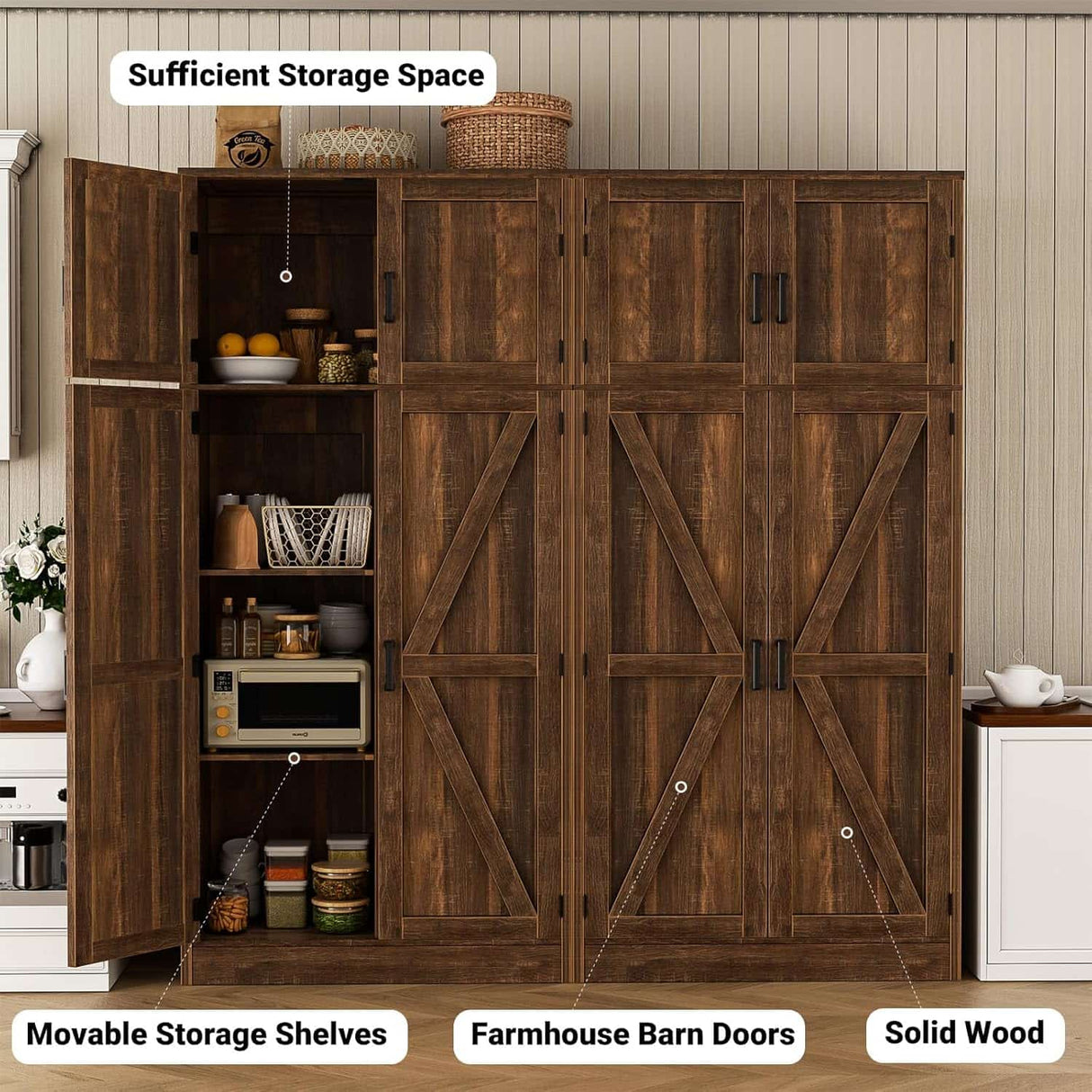 63'' Extra Wide Farmhouse Pantry Cabinet with Adjustable Shelves & Barn Doors, 4-Door Tall Storage Cabinet for Kitchen & Home Organization